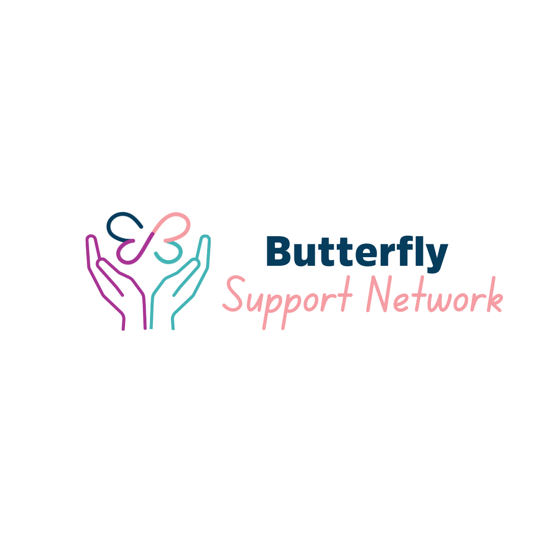 Butterfly Support Network logo design featuring stylized butterfly wings in blue and pink with text.