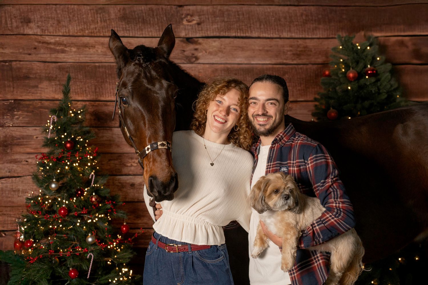 A couple poses with their horse in front of a Christmas tree and wooden barn wall.