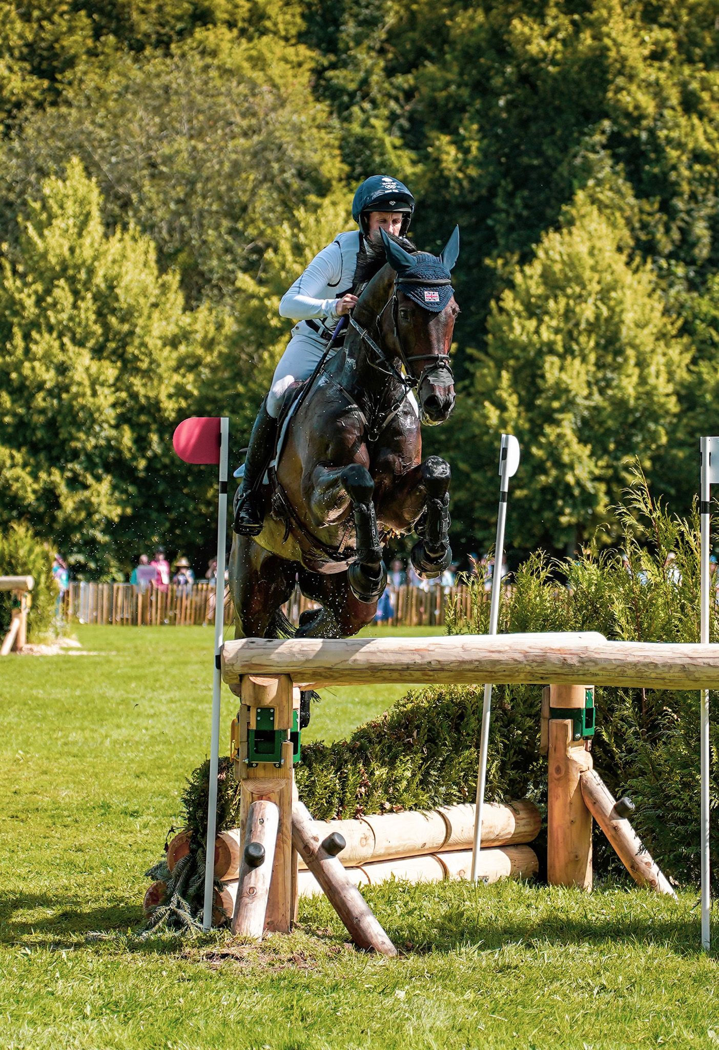 Horse and rider clearing a cross-country jumping obstacle during an equestrian competition.