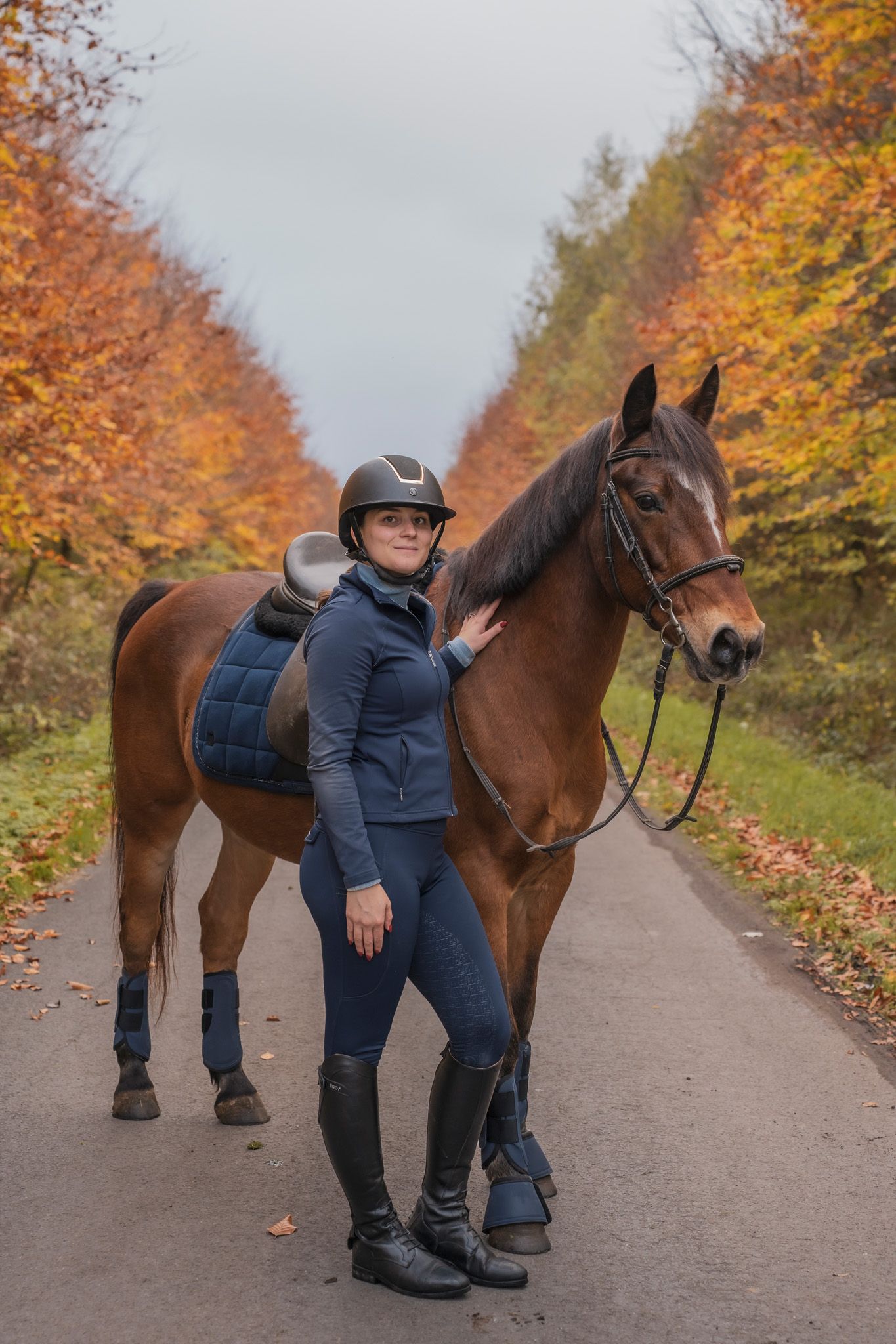 Equestrian stretching exercises with a brown horse on an autumn path lined with colorful fall foliage.