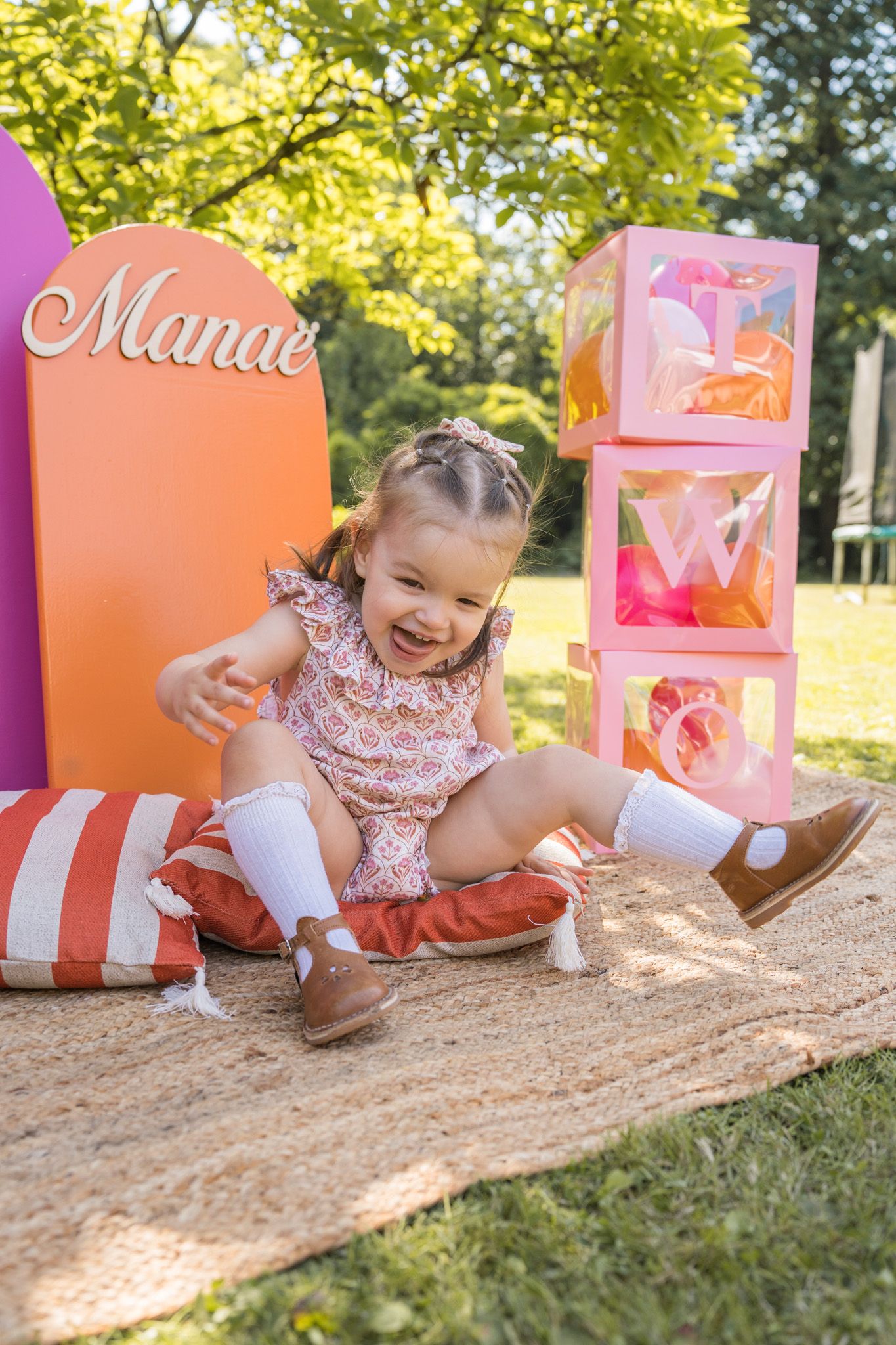 Pink and orange decorative boxes arranged on grass in a sunny outdoor setting.