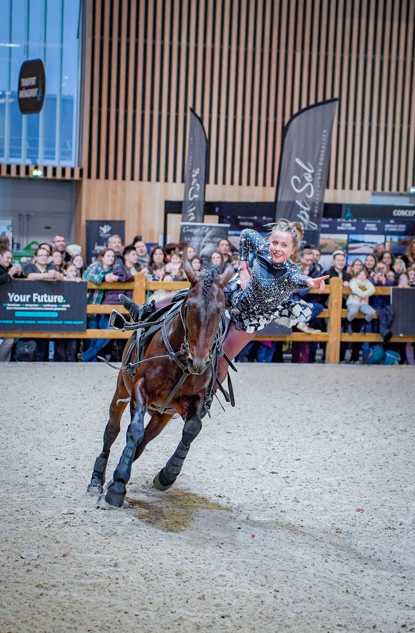 Dynamic equestrian performance shows horse and rider in dramatic motion.