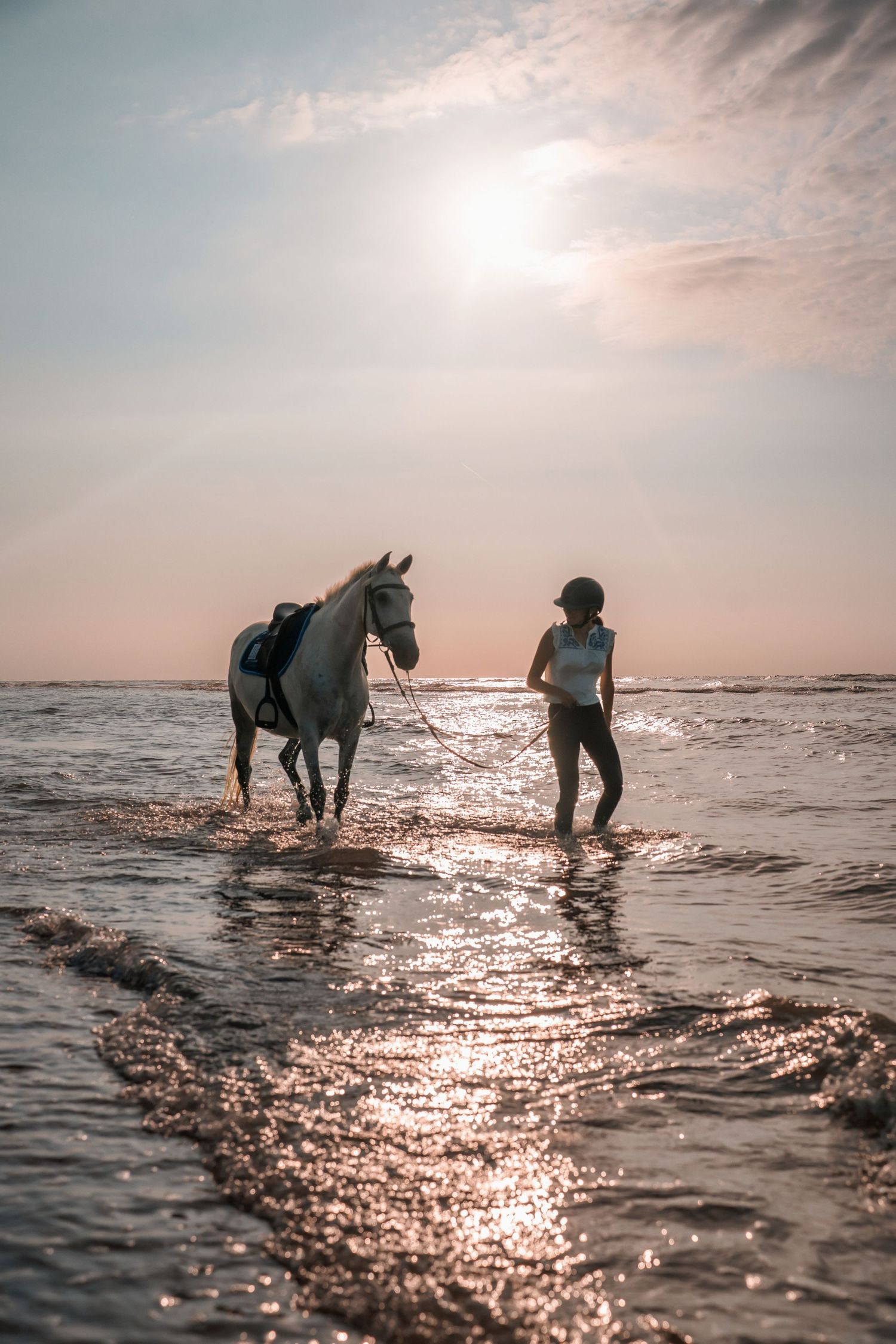 Woman in riding helmet leads white horse through shallow ocean waves at golden sunset.