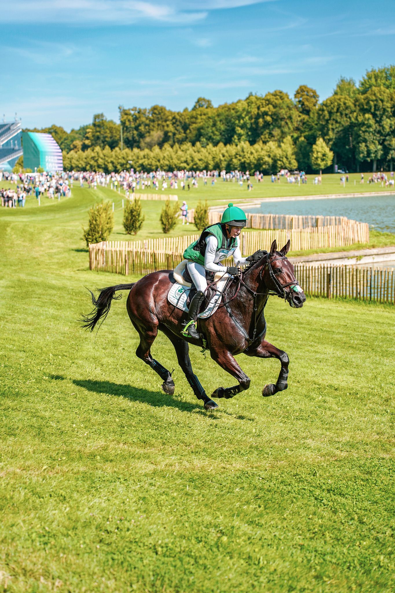 Equestrians racing across a grassy field during a competitive event.