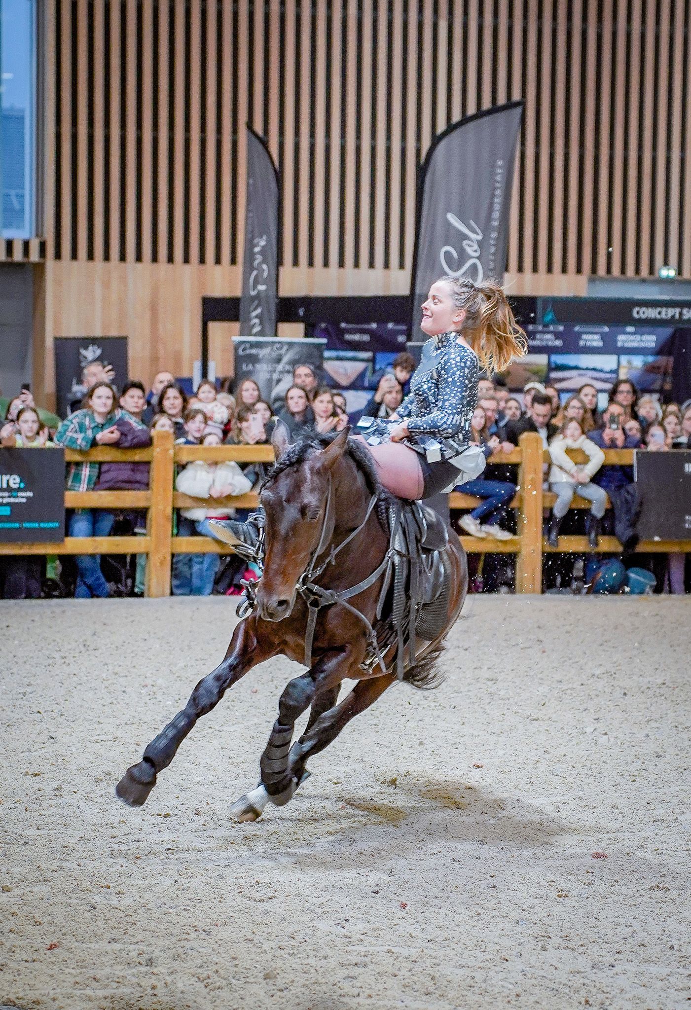 Horse and rider perform daring trick sequence in front of crowd at indoor equestrian show.