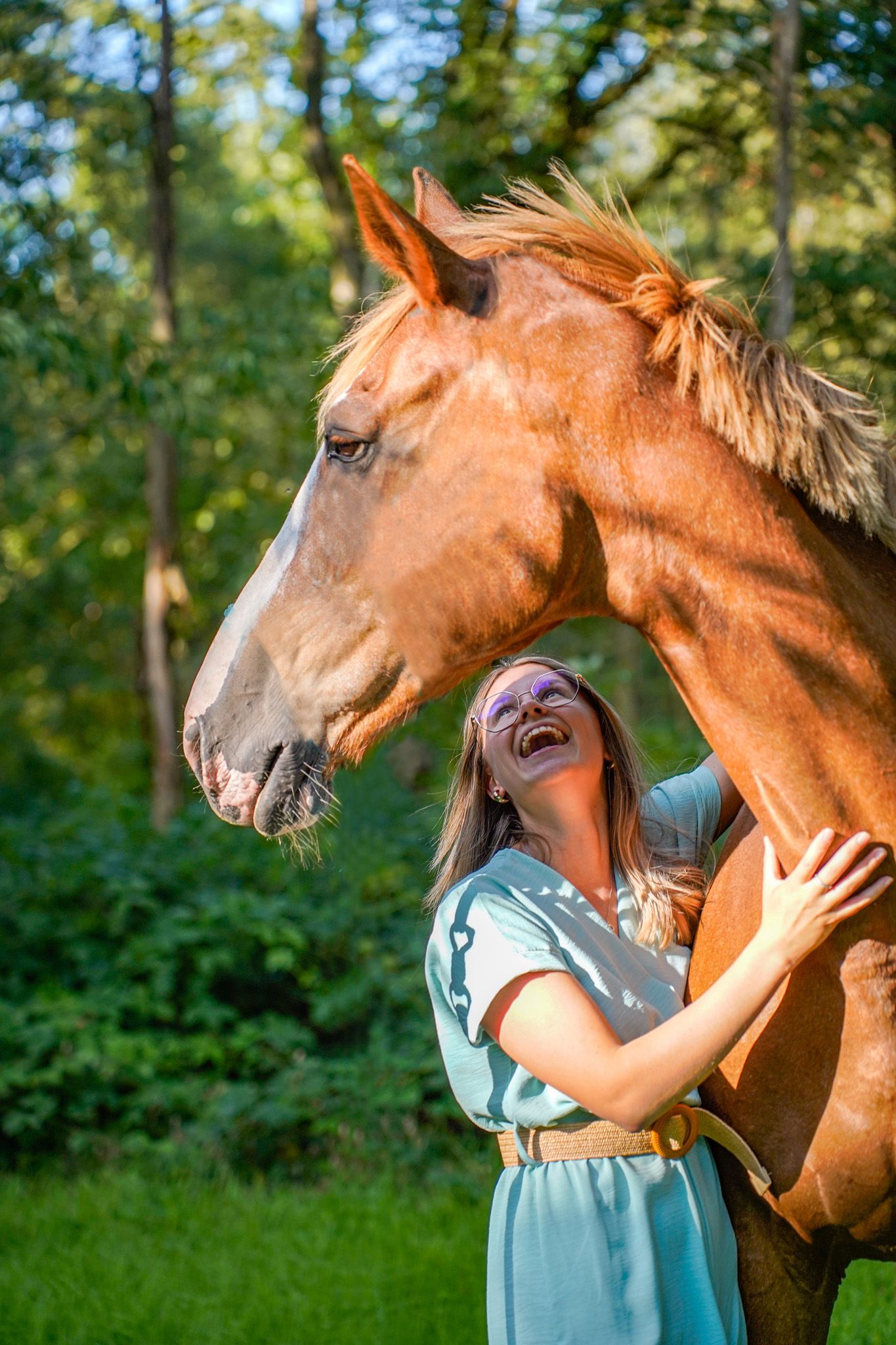 A playful interaction between a chestnut horse and companion in a lush green woodland setting.