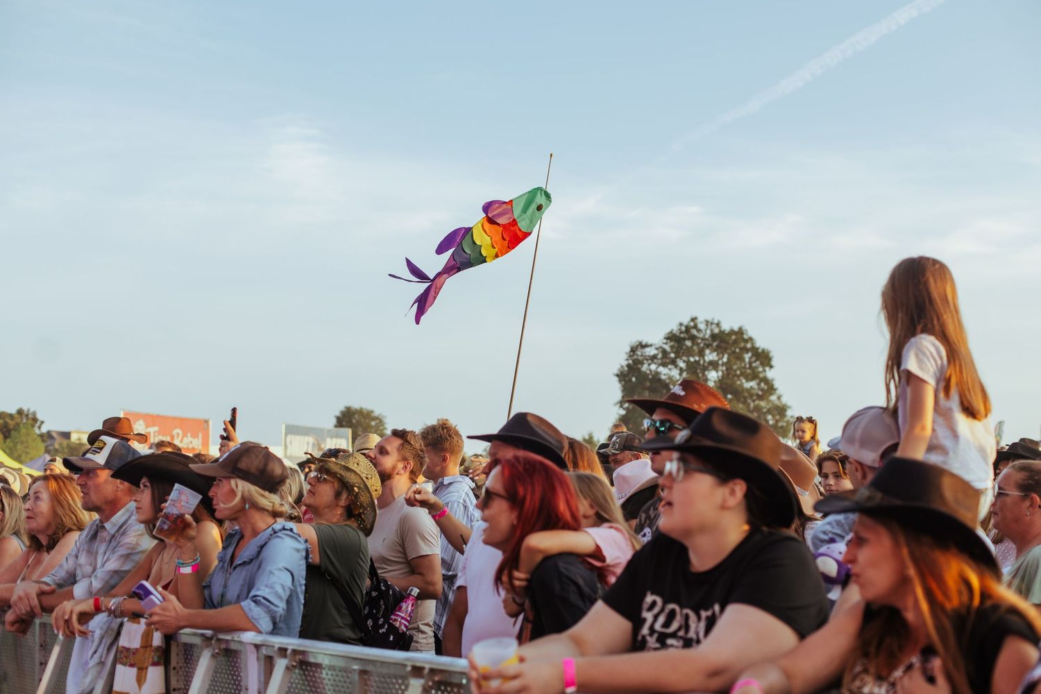 Crowd of festival-goers enjoying an outdoor music event with a colorful rainbow kite flying above them.