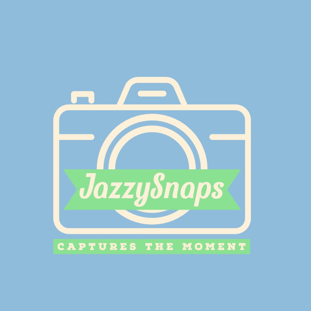 JazzySnaps photography logo with a camera illustration and green banner on a light blue background.