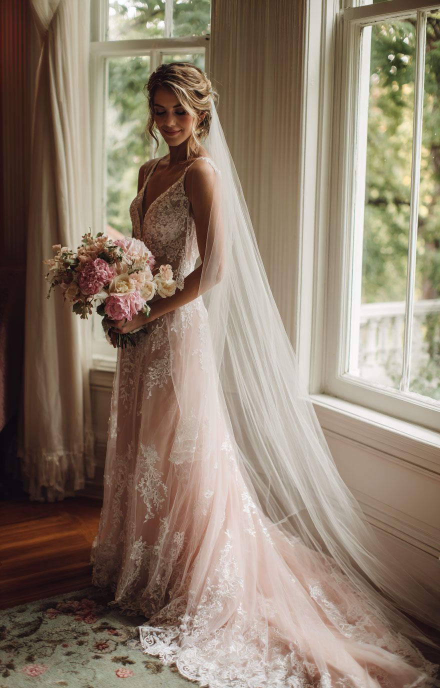 Bride in blush lace wedding gown with cathedral veil holds pink bouquet by sunlit window.