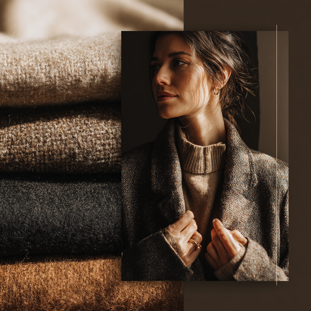 Woman in cozy gray wool coat beside stacked folded cashmere sweaters in neutral earth tones of brown, black, and beige. Merced Wedding Photo