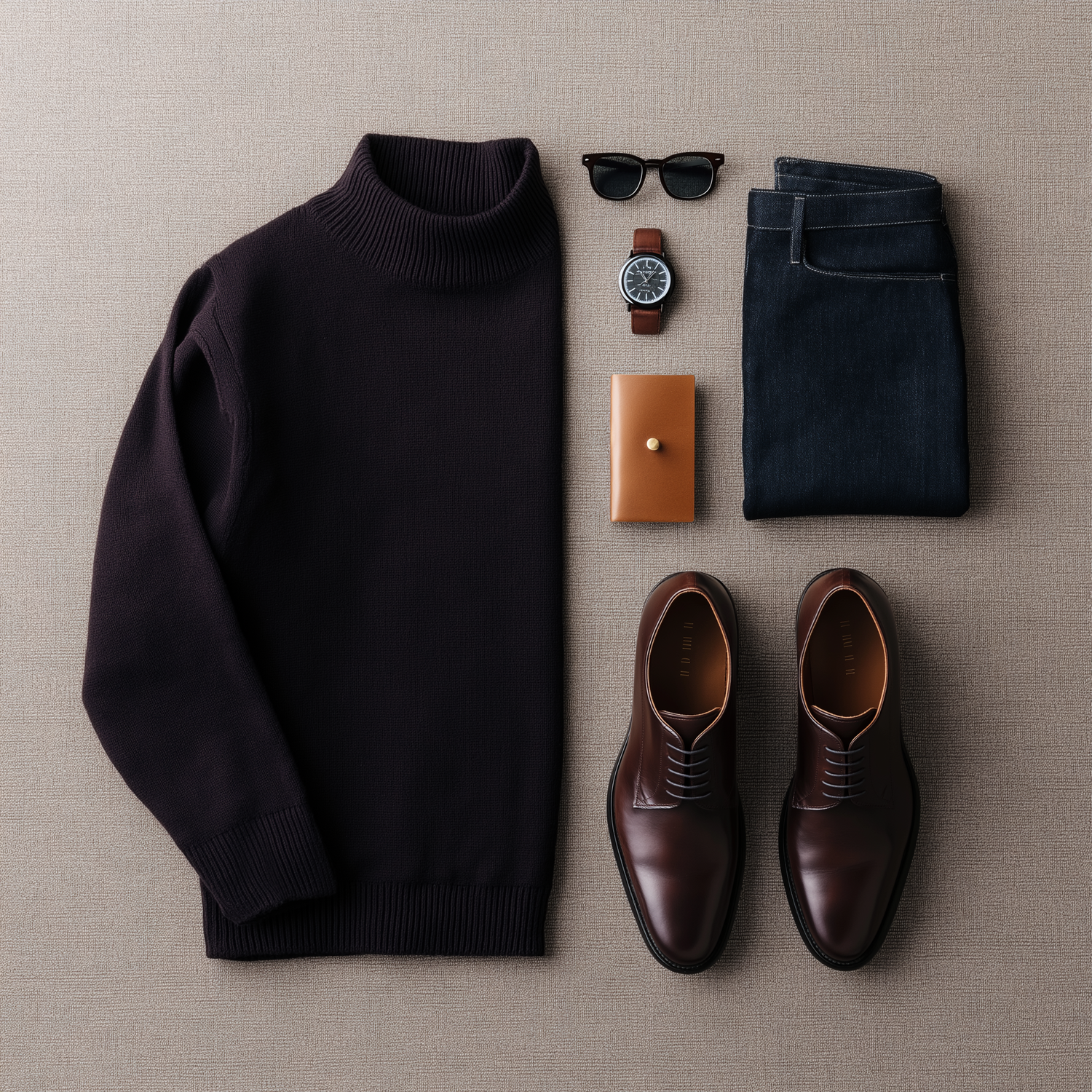 Men's outfit flatlay with dark turtleneck sweater, navy jeans, brown leather Oxford shoes, watch, wallet, and sunglasses. Merced Wedding Pho