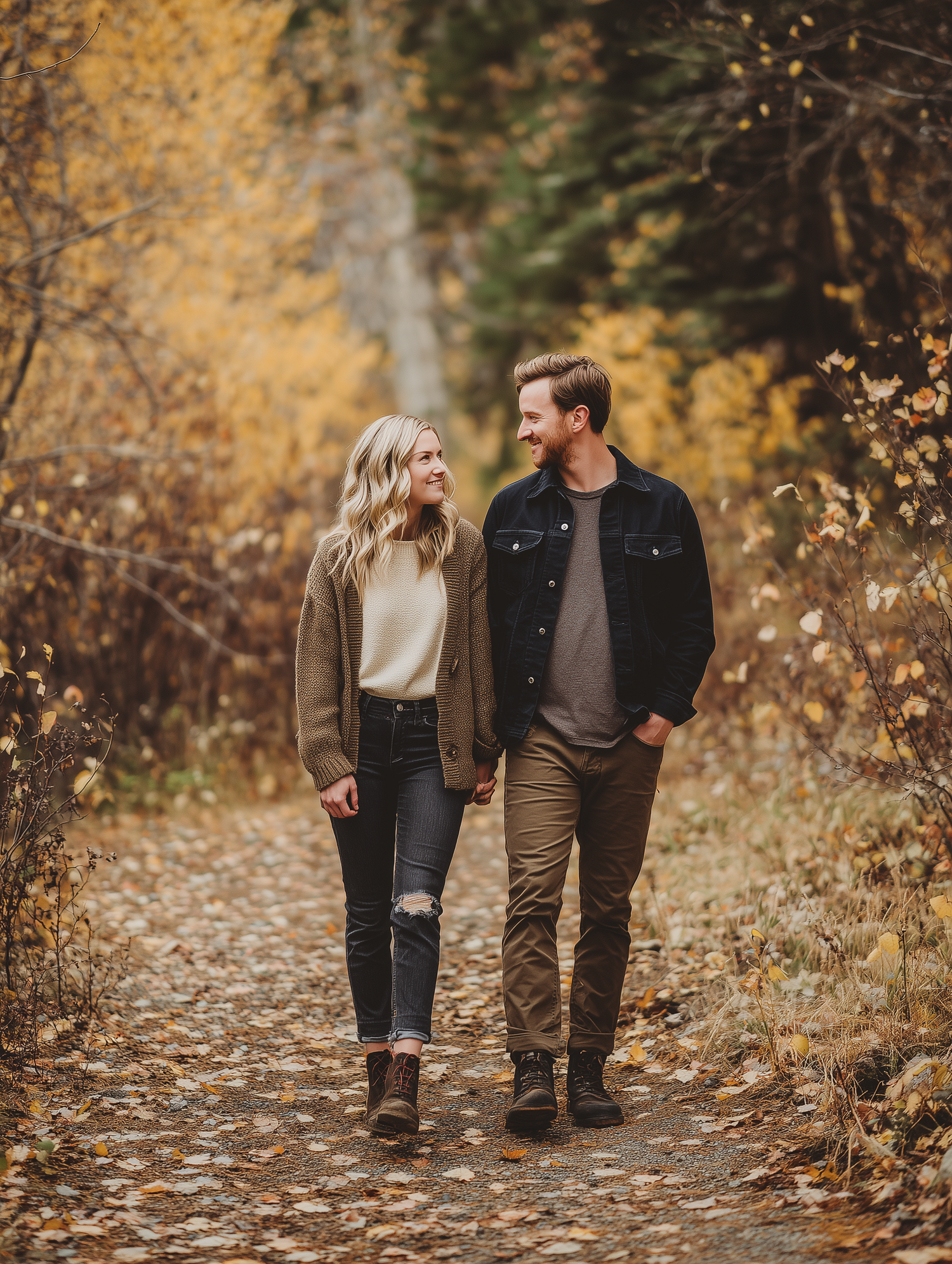 Couple holding hands walking on a leaf-covered forest path surrounded by golden autumn foliage. Merced Wedding Photographer