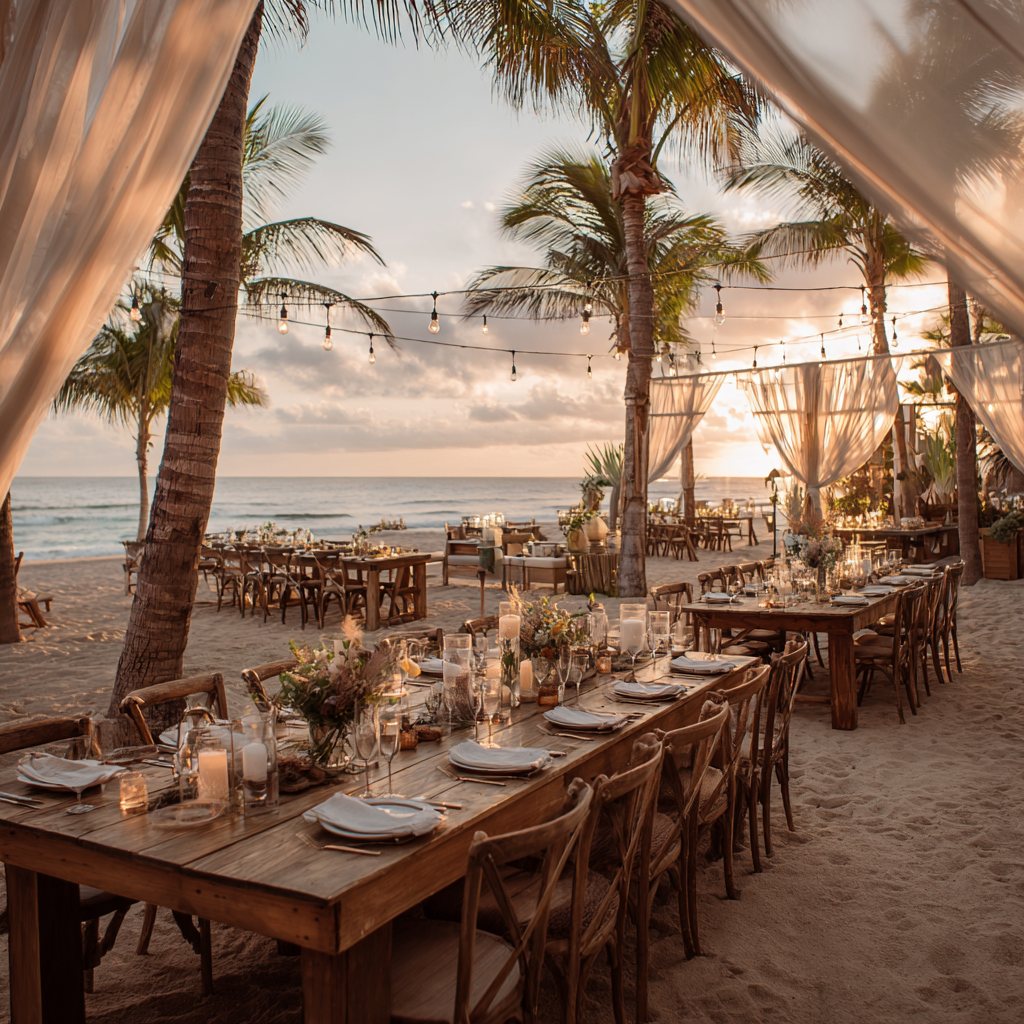 Elegant beachfront wedding reception setup with wooden tables, string lights, and palm trees at sunset.
