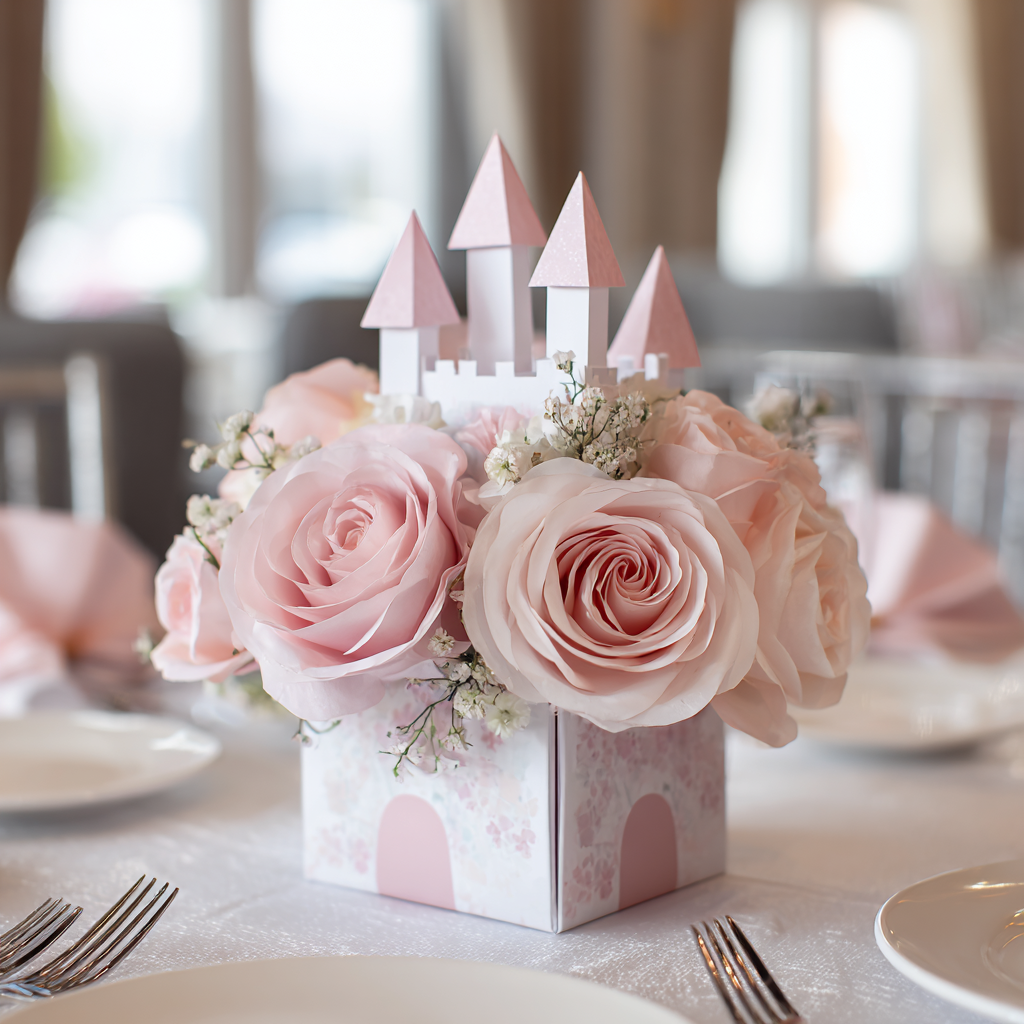 Pink rose centerpiece in a princess castle box for a fairy tale themed party or wedding reception.