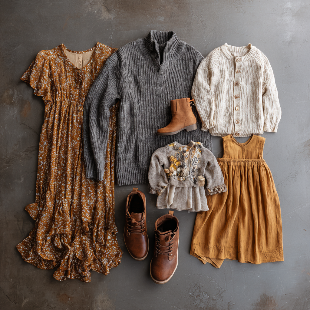 Flat lay of coordinated fall family outfits in warm tones featuring floral dress, gray sweater, linen cardigan, and mustard dress. Merced