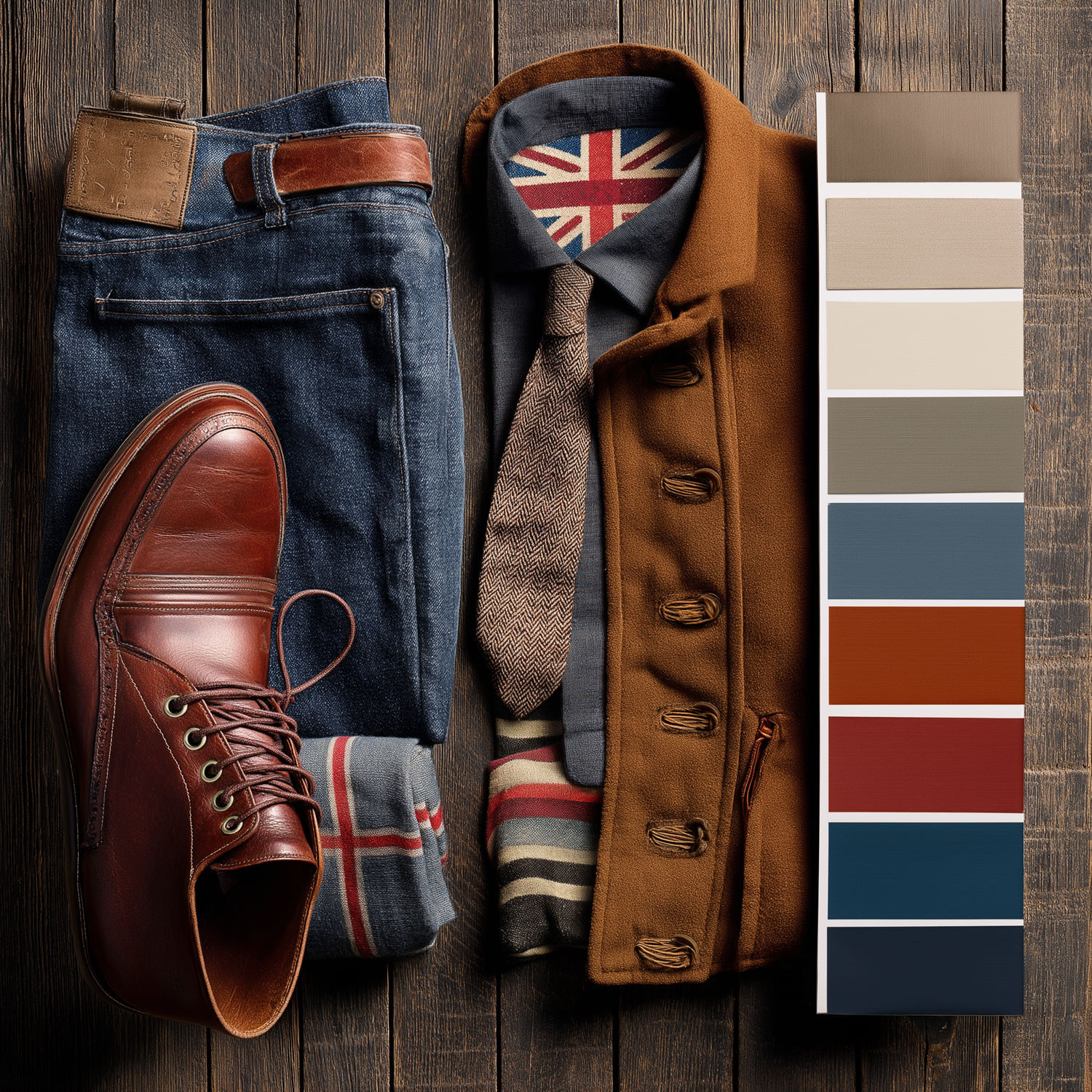 Flat lay of men's British style outfit with brown leather boots, dark jeans, camel coat, Union Jack shirt, and color palette swatches. Merce