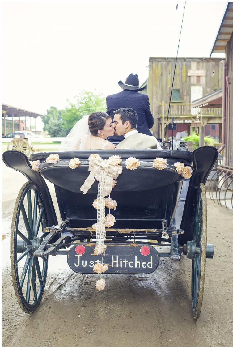 Newlywed couple kissing in a decorated horse-drawn carriage with a Just Hitched sign at a rustic wedding.