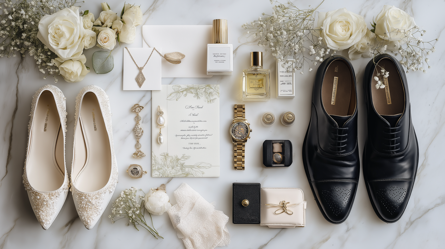 Elegant wedding flat lay with bridal heels, groom shoes, invitation, gold watch, perfume, jewelry, and white floral accents on marble.