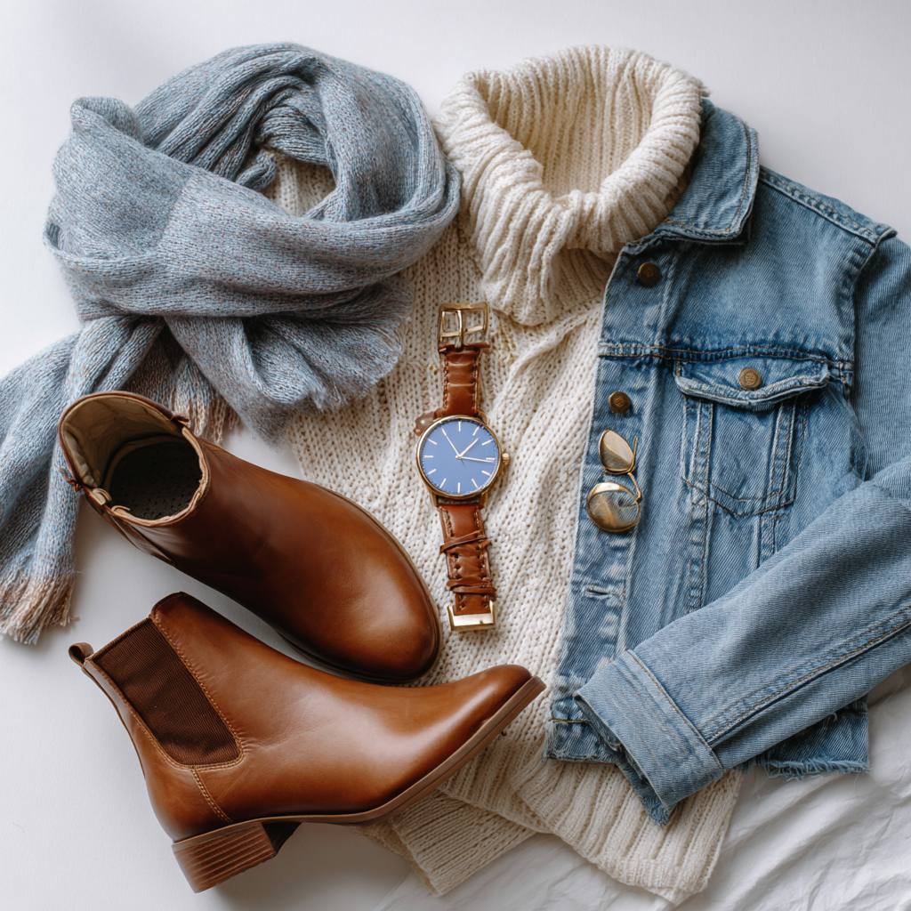 Flat lay of denim jacket, cream knit sweater, gray scarf, brown Chelsea boots, and gold watch on white background. Merced Wedding Photograph