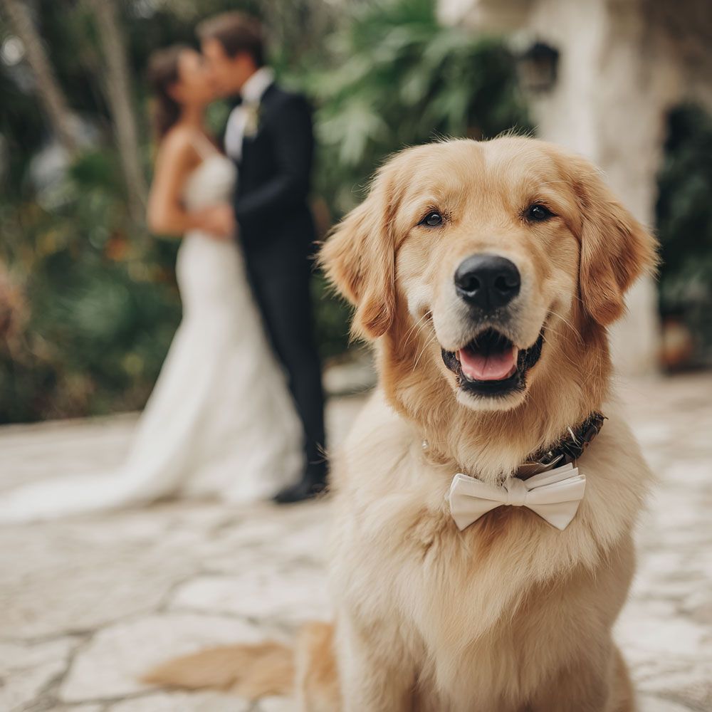 A happy golden retriever wearing a bow tie poses in front of a blurred couple kissing at a wedding.