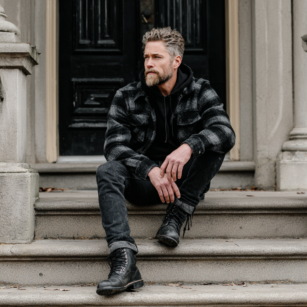 Man in plaid flannel jacket and black jeans sitting on stone steps outside a building with dark door. Merced Wedding Photographer