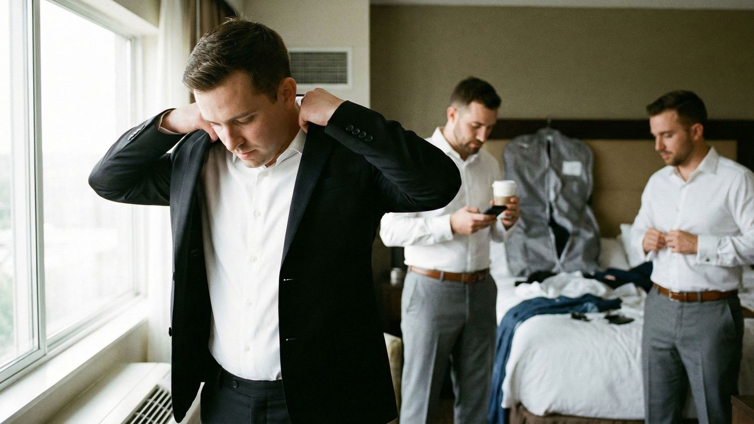 Three men in suits getting ready in a hotel room, adjusting formal attire before a wedding or event.