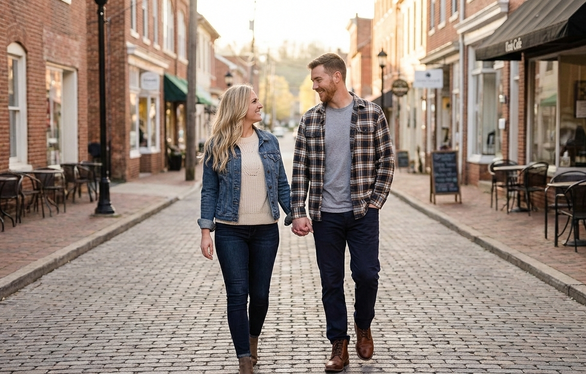 Couple holding hands walking on cobblestone street in charming small town with brick buildings. Merced Wedding Photographer