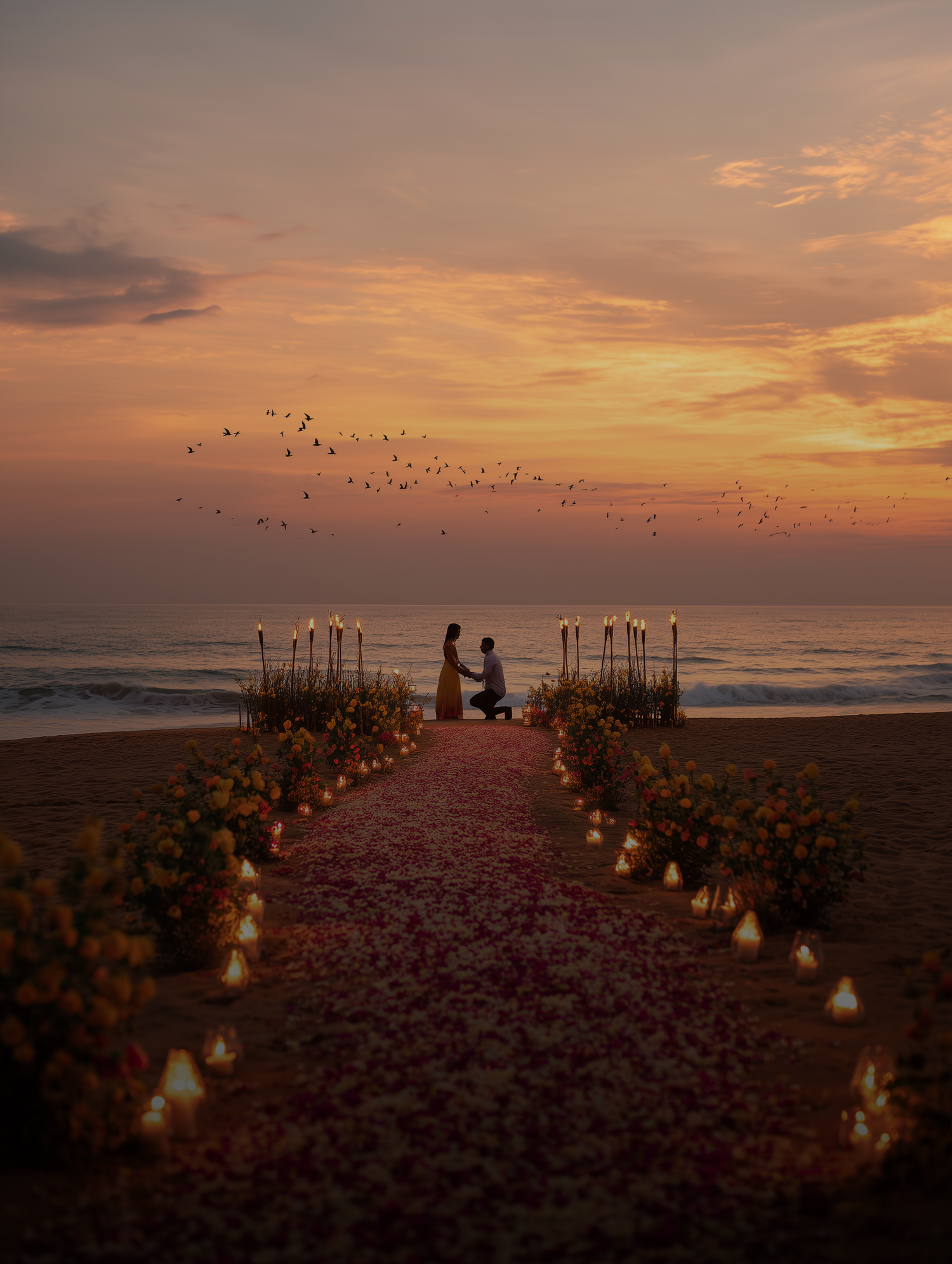 Romantic beach proposal at sunset with rose petal aisle, candles, and flowers leading to couple by the ocean. Merced Wedding Photographer
