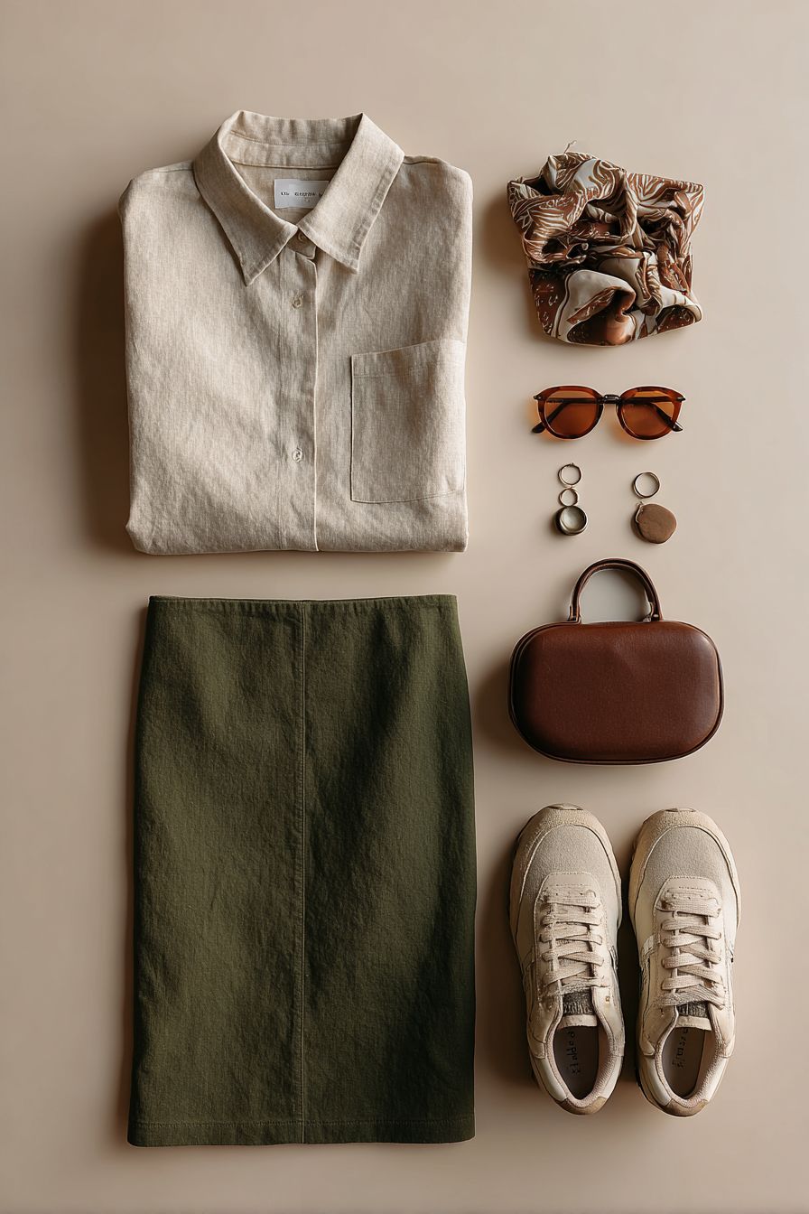 Flat lay of olive green midi skirt, beige linen shirt, brown sunglasses, mini bag, gold earrings, scrunchie, and white sneakers. Merced Wedd