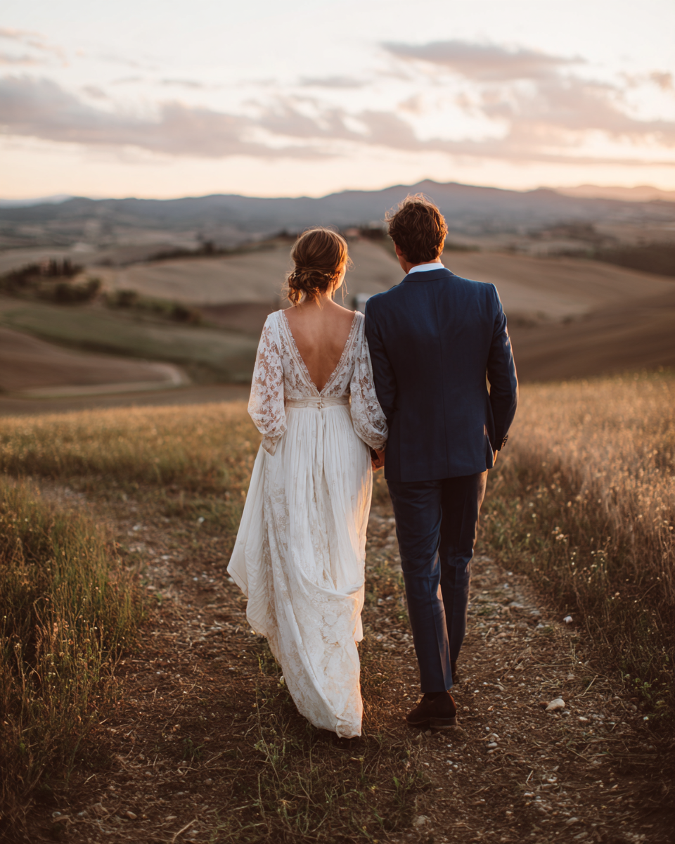 Bride and groom walking hand in hand through golden Tuscan hills at sunset, bride in lace backless gown.