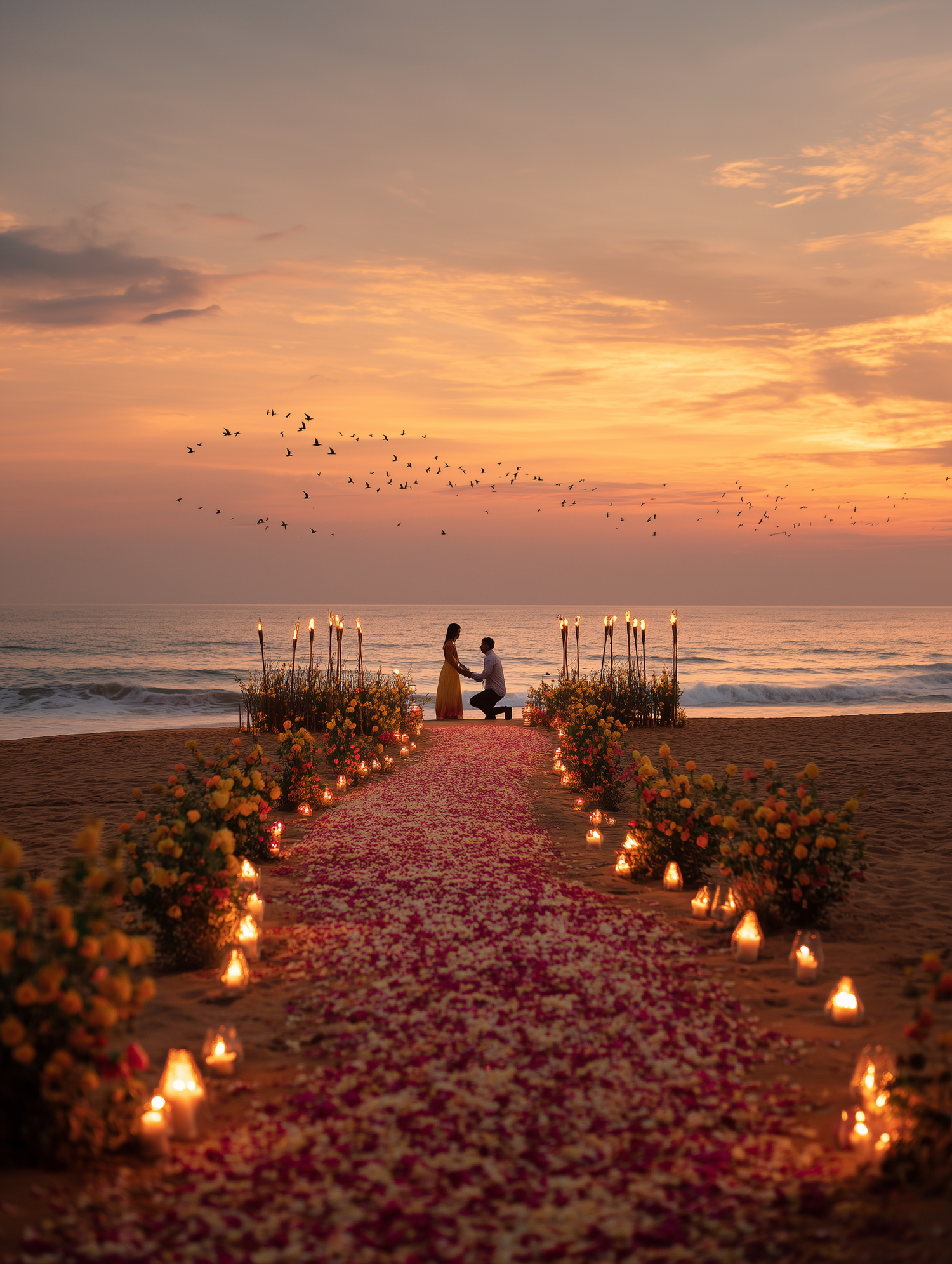 A romantic beach proposal setup at sunset with rose petals and lanterns lining a path leading to the ocean.