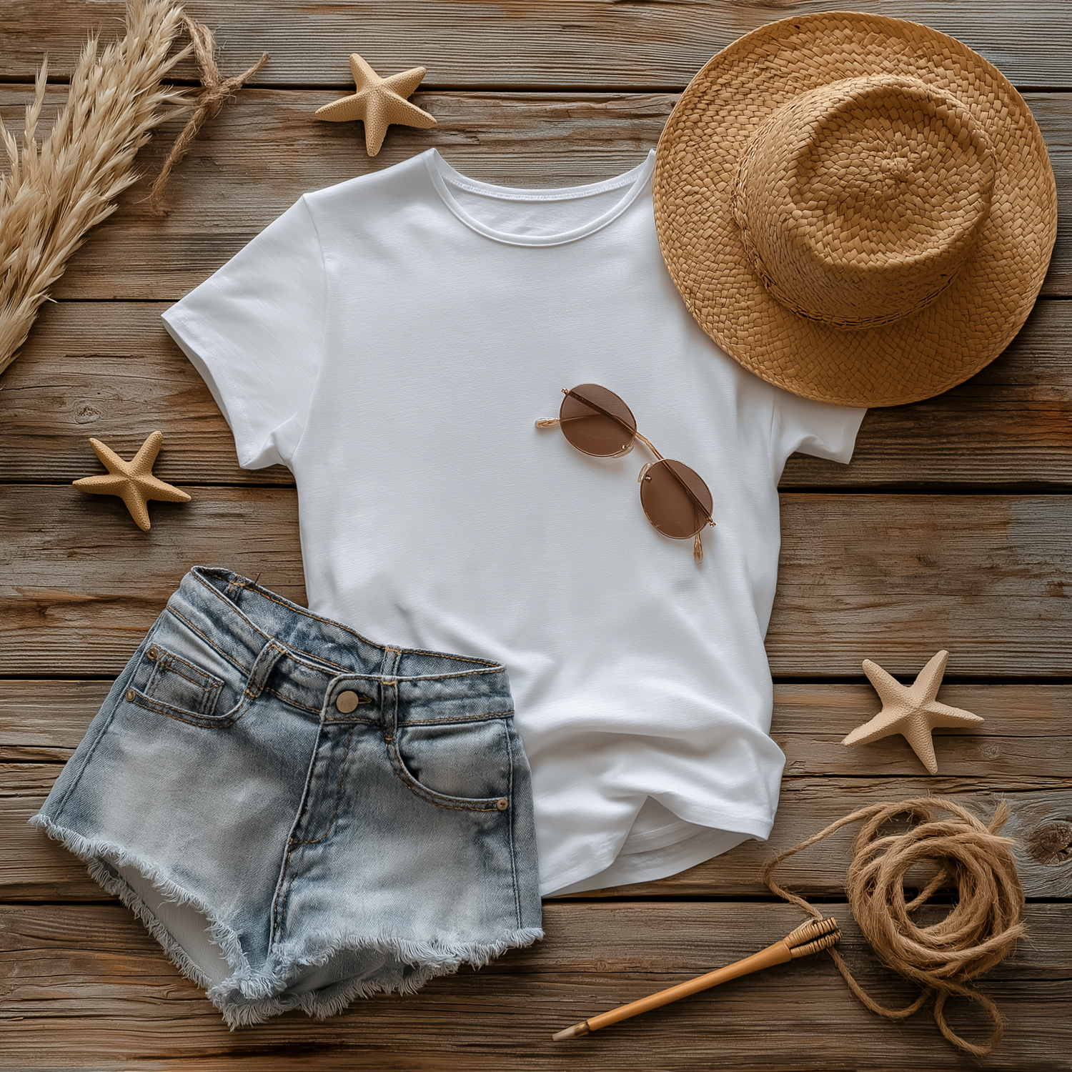 Flat lay of white t-shirt, denim shorts, straw hat, sunglasses, and starfish on rustic wood background. Merced Wedding Photographer
