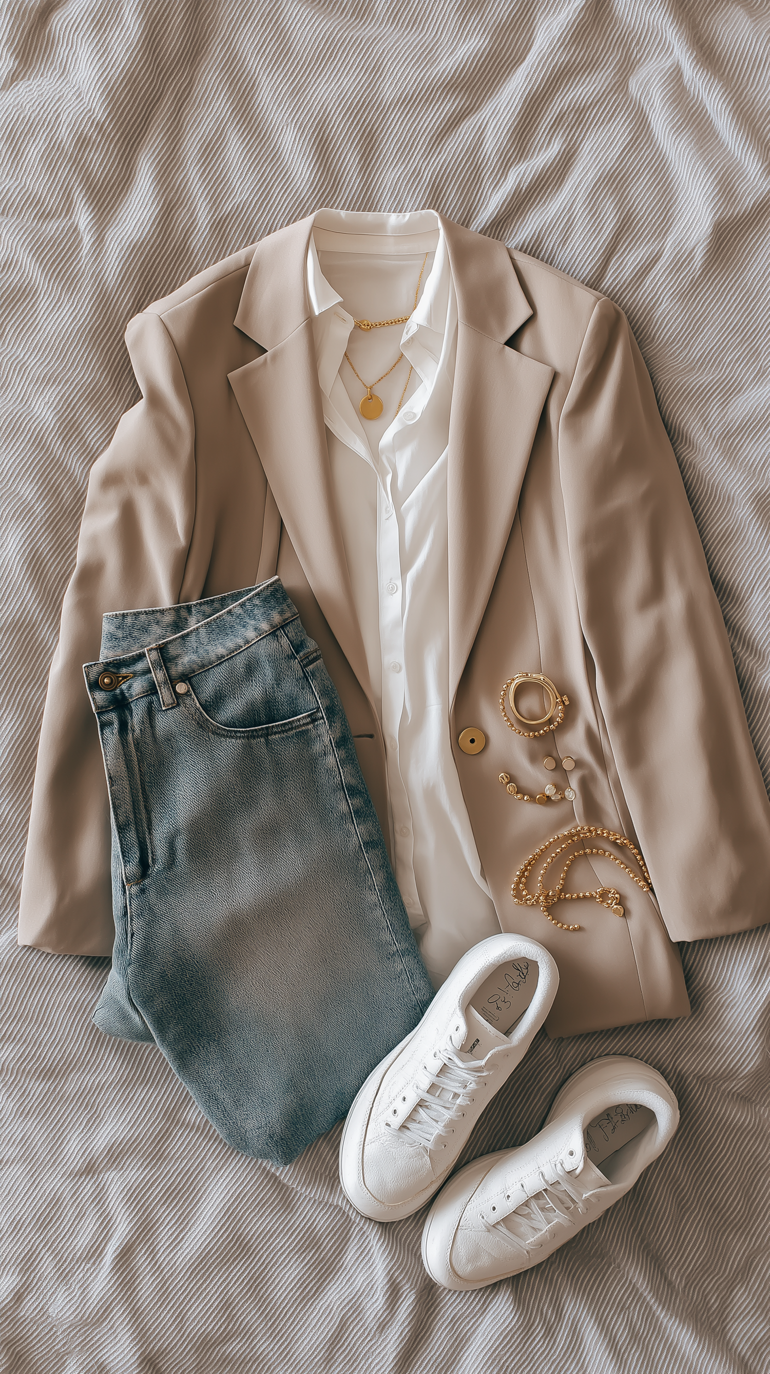Beige blazer, white shirt, blue jeans, white sneakers, and gold jewelry flatlay on a neutral bed. Merced Wedding Photographer