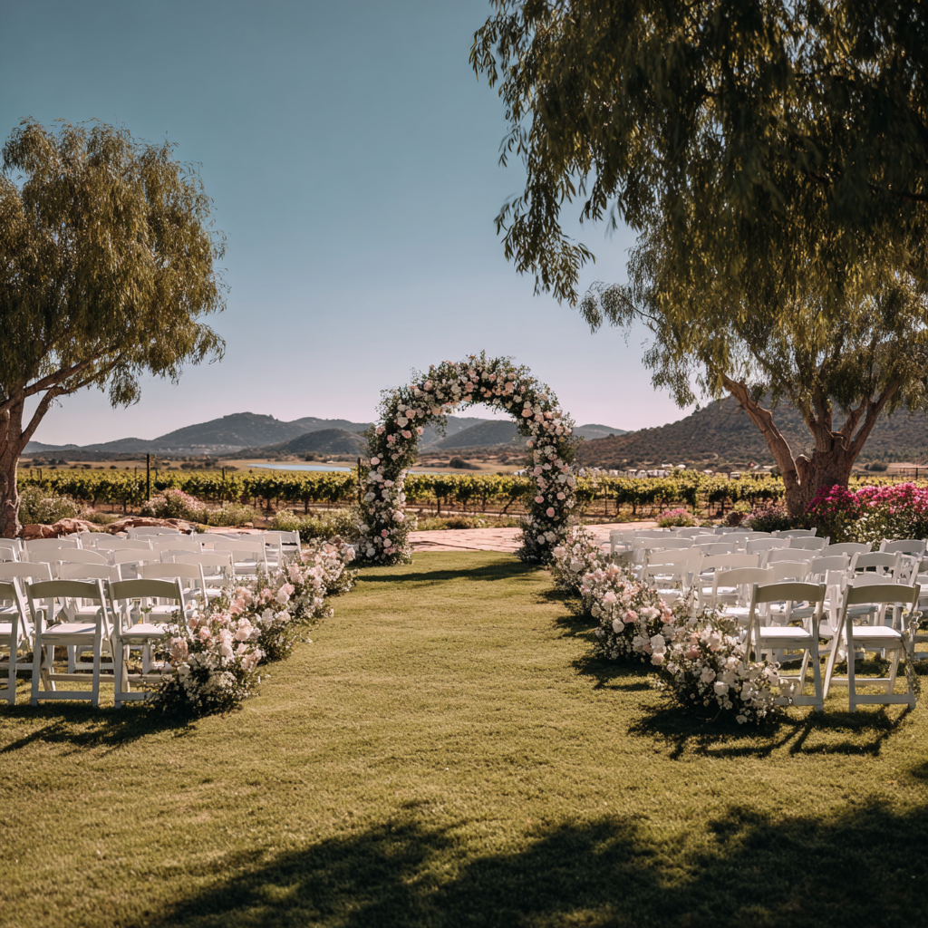 Outdoor wedding ceremony setup with floral arch, white chairs, and vineyard mountain backdrop on a sunny day.