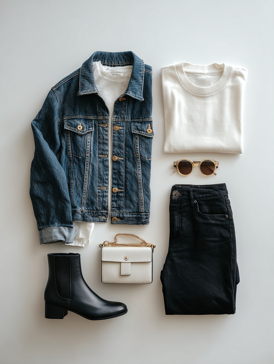 Flat lay outfit with denim jacket, white tee, black jeans, ankle boots, small white bag, and round sunglasses. Merced Wedding Photographer