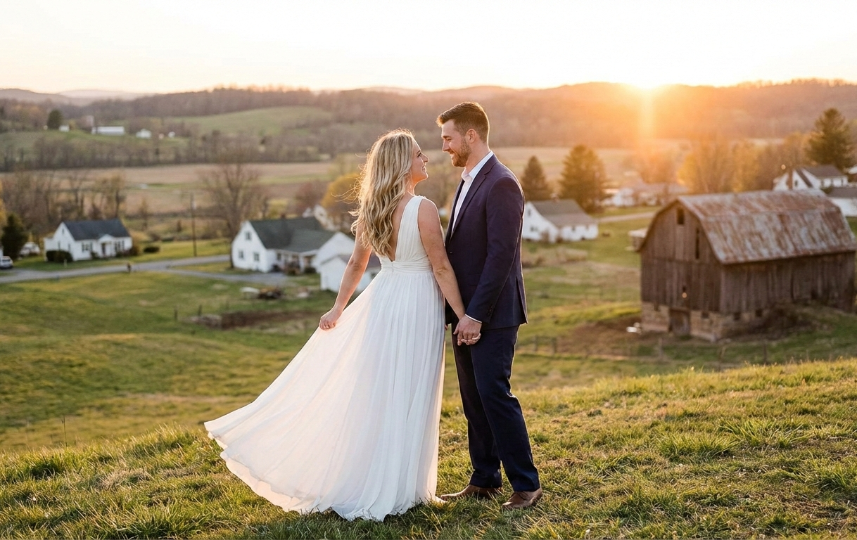 Bride and groom holding hands at golden hour sunset with rustic barn and rolling hills in background. Merced Wedding Photographer
