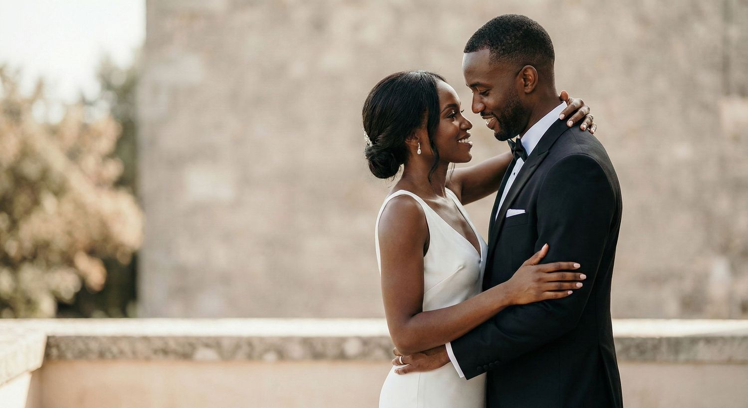 Elegant Black couple in wedding attire embracing outdoors, groom in tuxedo and bride in white gown.