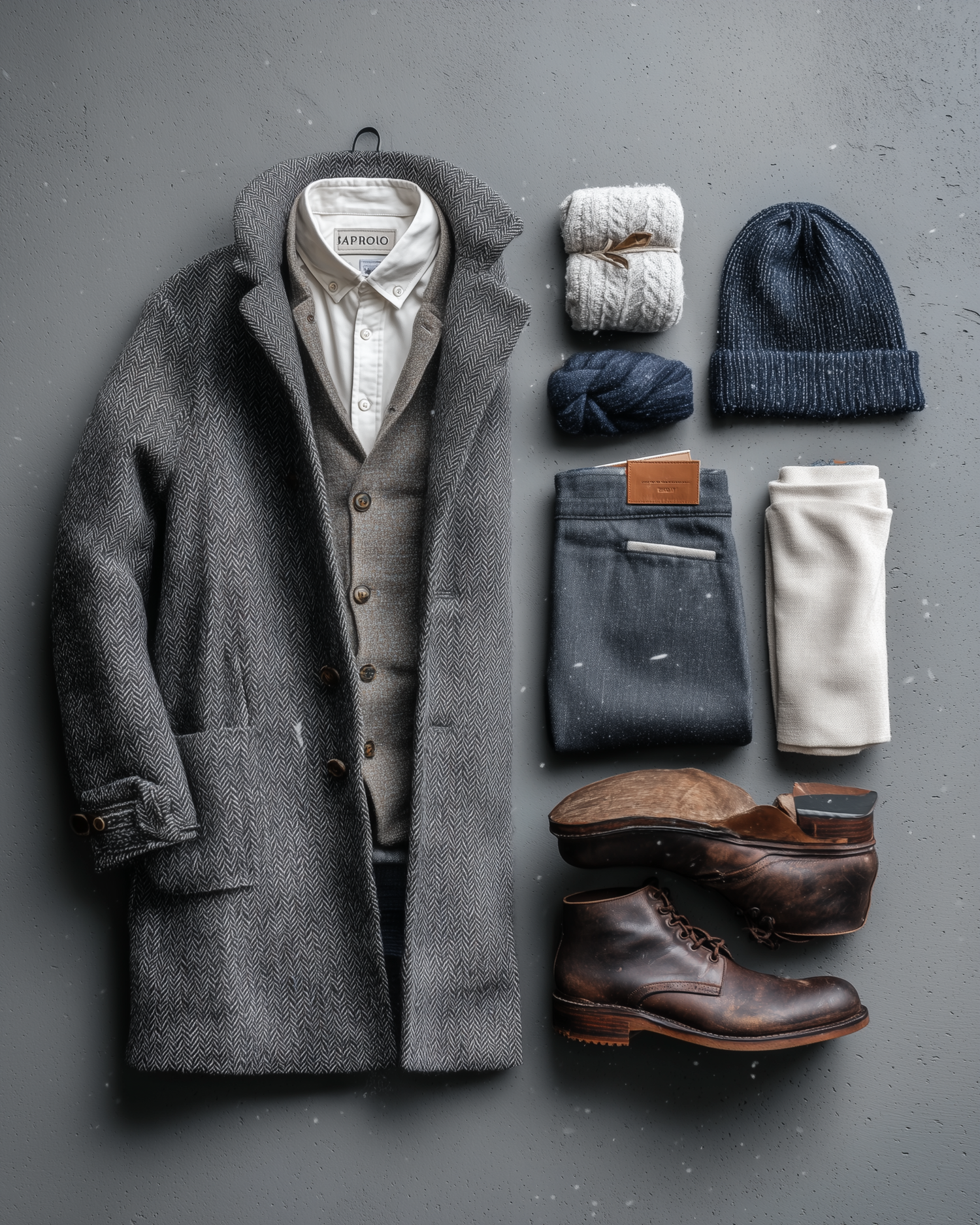 Men's winter outfit flatlay with gray wool coat, navy jeans, dark brown boots, beanie, and layered knitwear. Merced Wedding Photographer