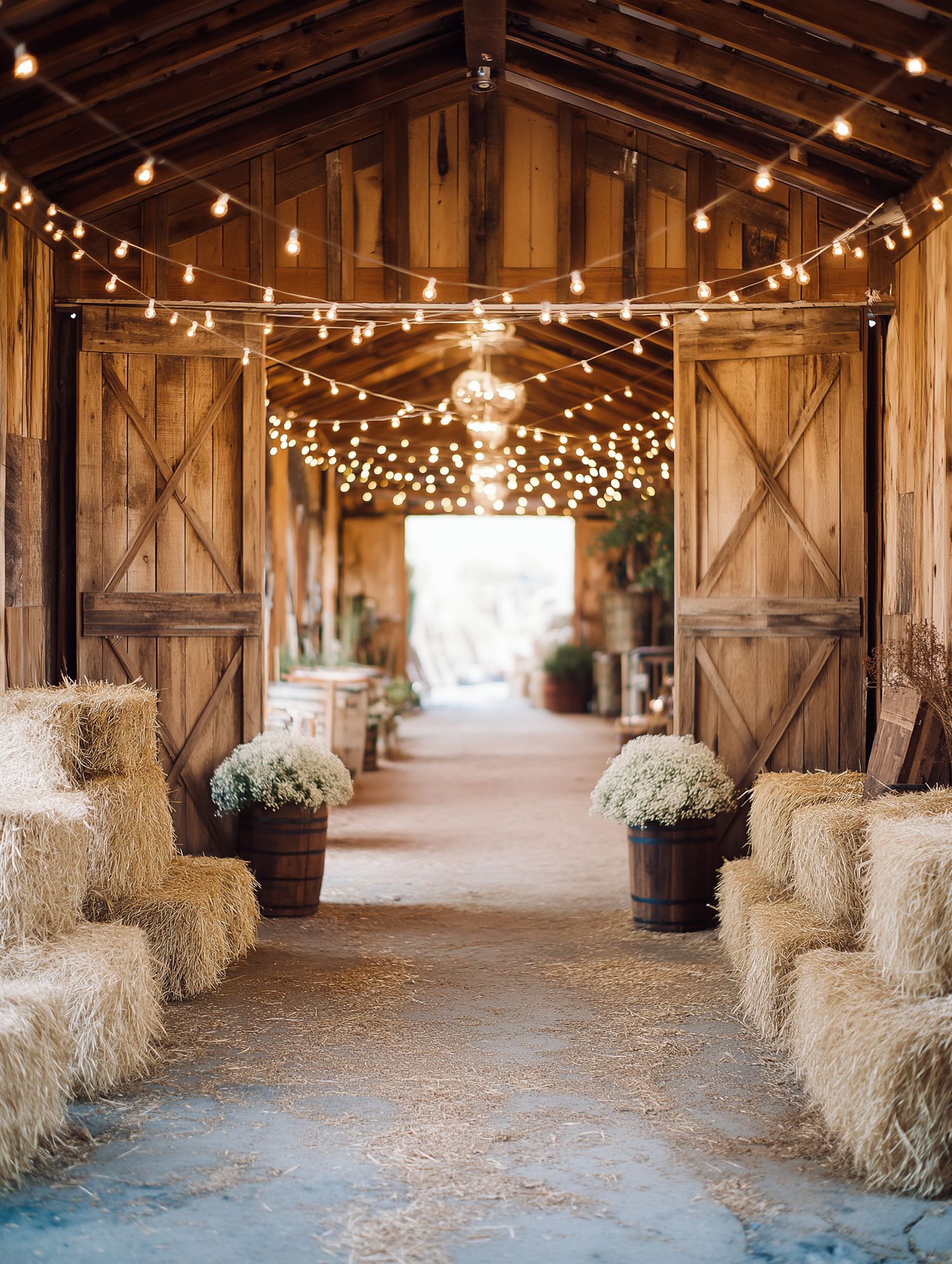 Rustic barn wedding aisle with hay bale seating, baby's breath in wooden barrels, and string lights overhead.