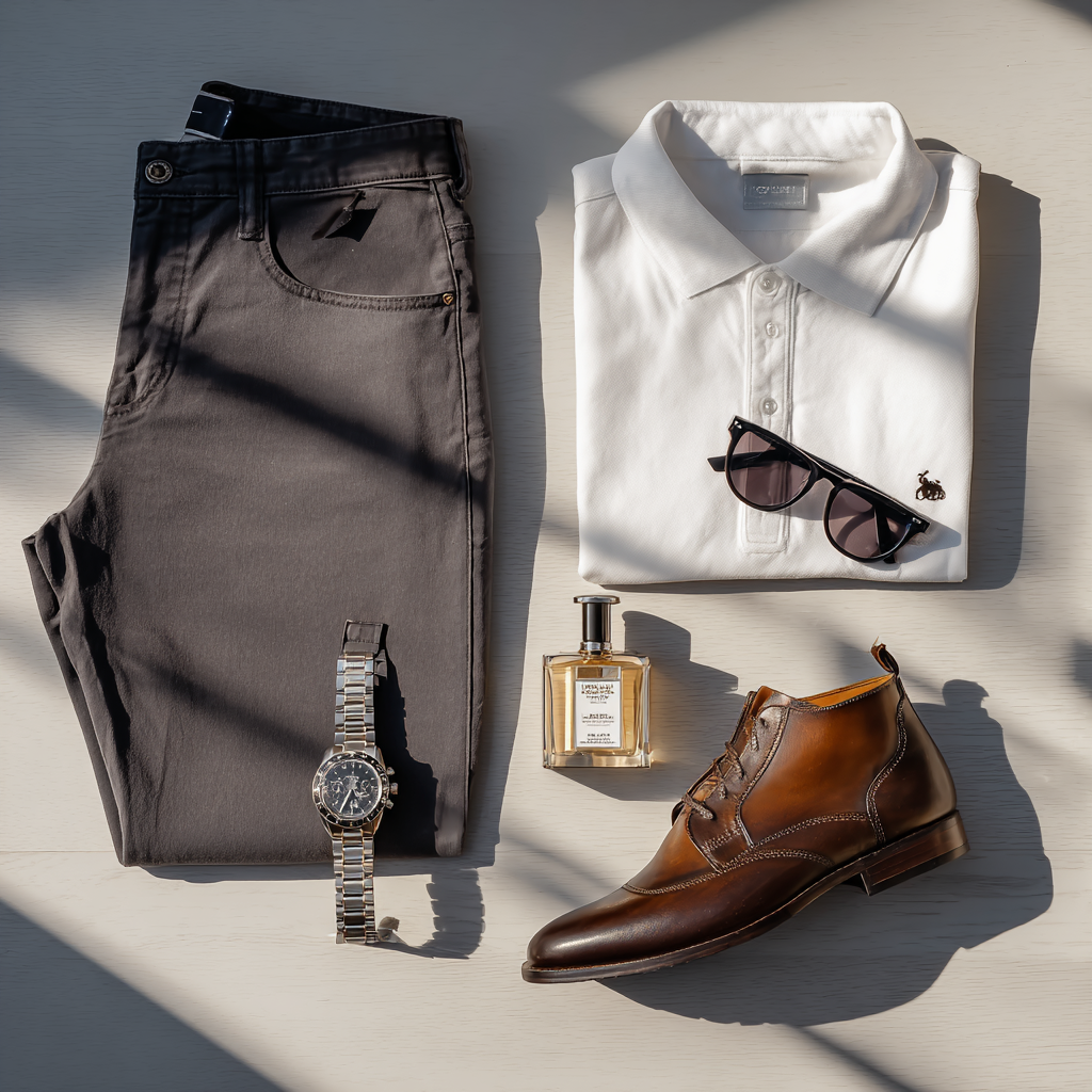Flat lay of men's outfit with gray pants, white polo shirt, brown leather boots, watch, sunglasses, and cologne. Merced Wedding Photographer