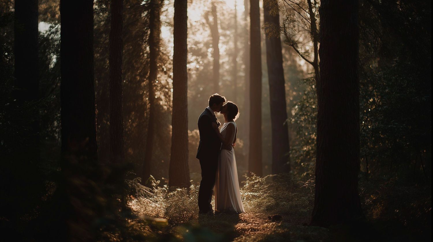 A couple shares a romantic kiss in a sunlit forest, surrounded by tall trees and warm golden light.