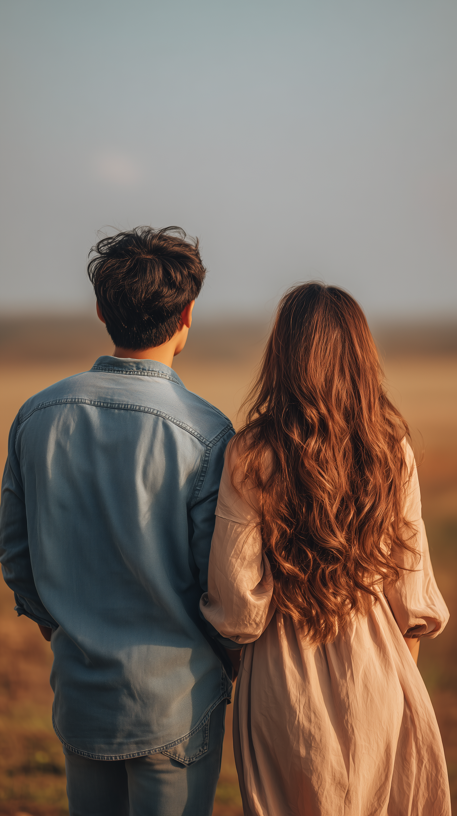 A couple stands back-to-back in an open field, the woman with long wavy hair in a beige dress, the man in a denim jacket. Merced Wedding Pho
