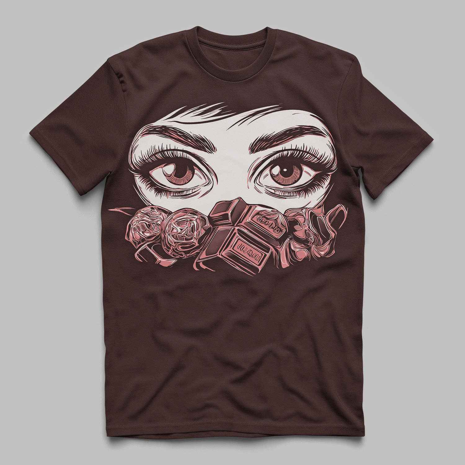 Dark brown t-shirt featuring illustrated feminine eyes with roses and chocolate pieces graphic print design. Merced Wedding Photographer