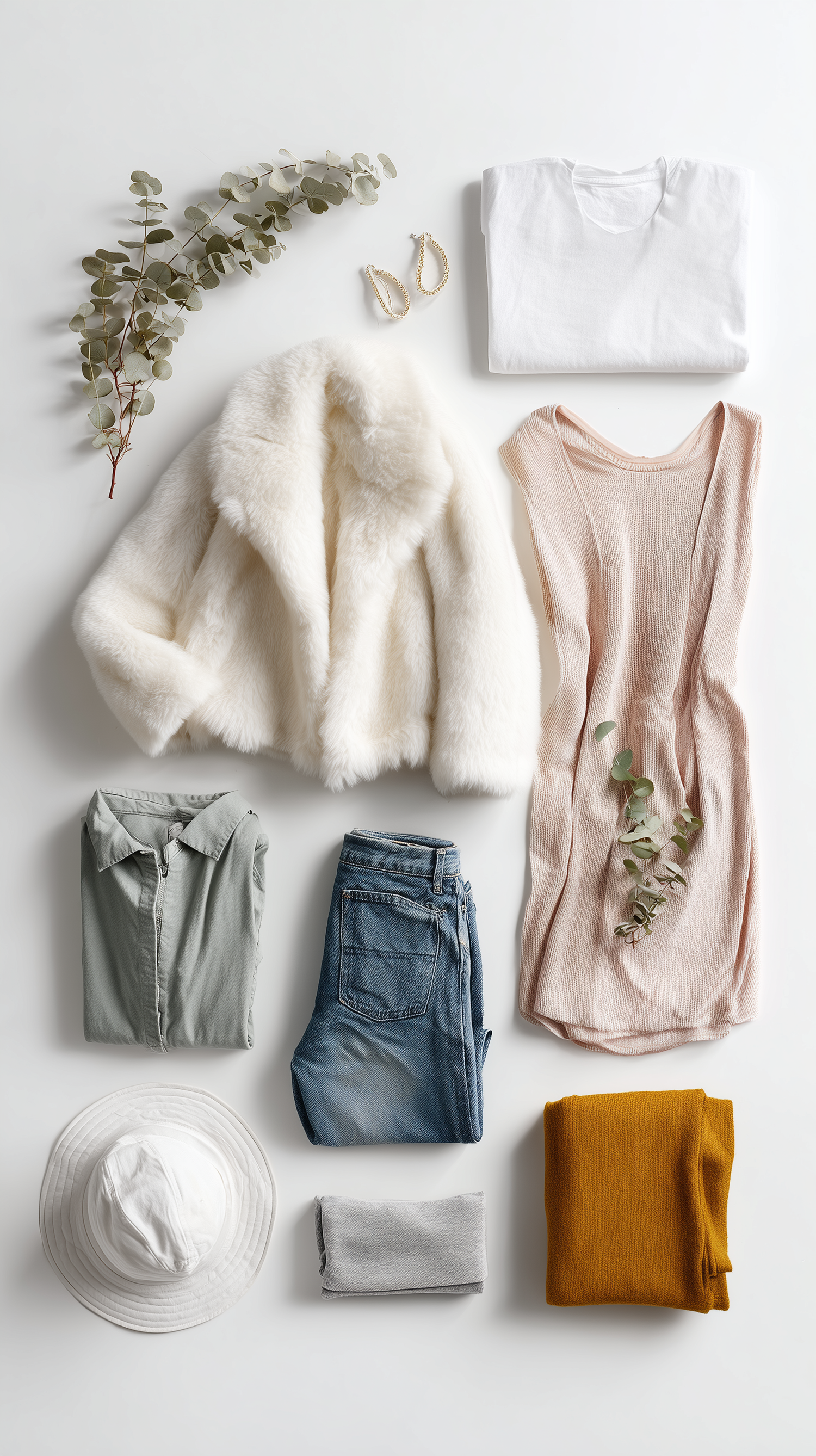 Flatlay of white faux fur coat, pink dress, jeans, gray shirt, white tee, mustard scarf, hat, and eucalyptus on white. Merced Wedding Photog