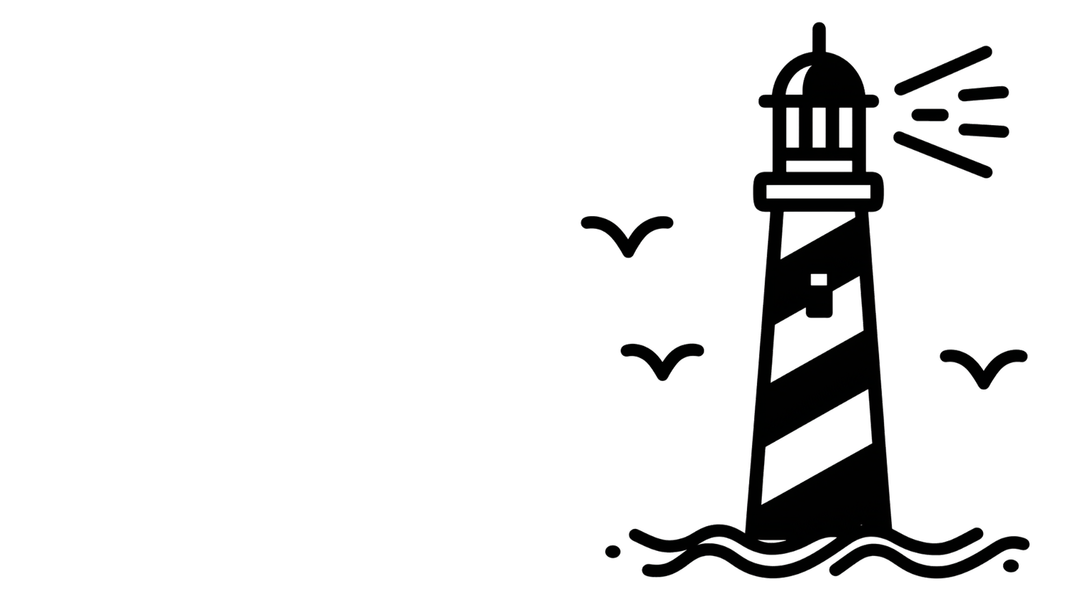 Black and white lighthouse illustration with striped tower, shining beacon, ocean waves, and seagulls flying around it. Merced Wedding Photo
