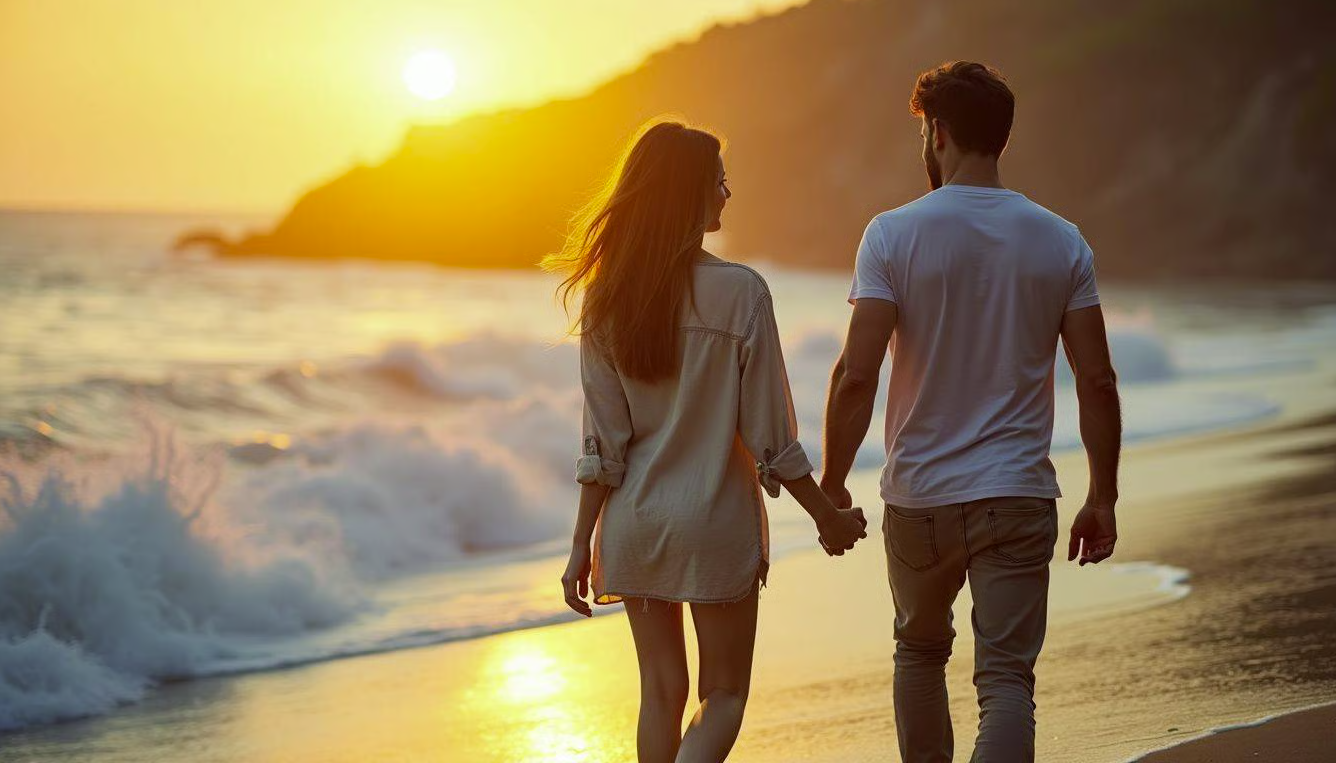 Couple walking together on a sandy beach at sunset with golden light reflecting off the ocean waves.