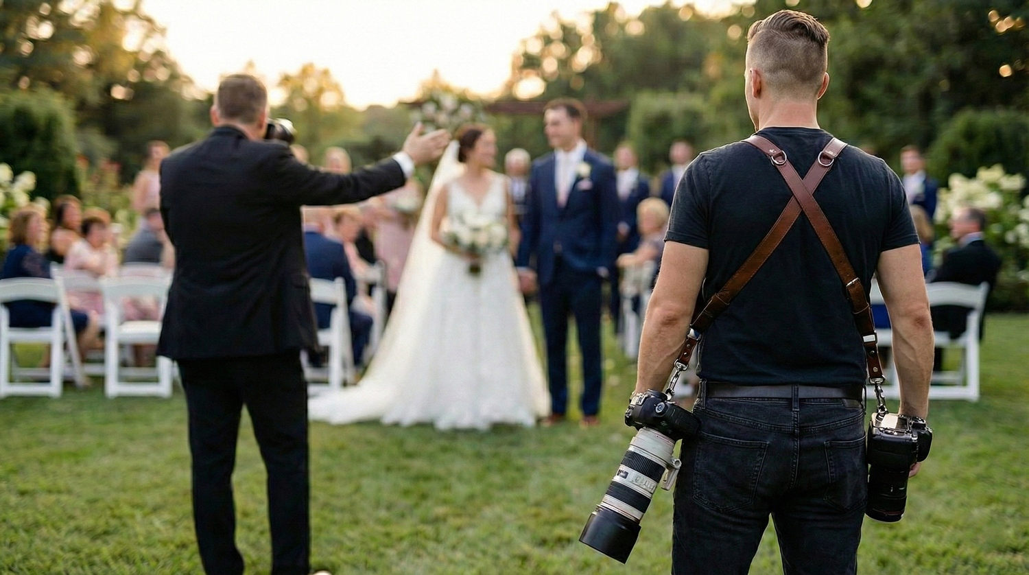 Wedding photographer with dual cameras and leather straps captures outdoor ceremony on a sunny afternoon.