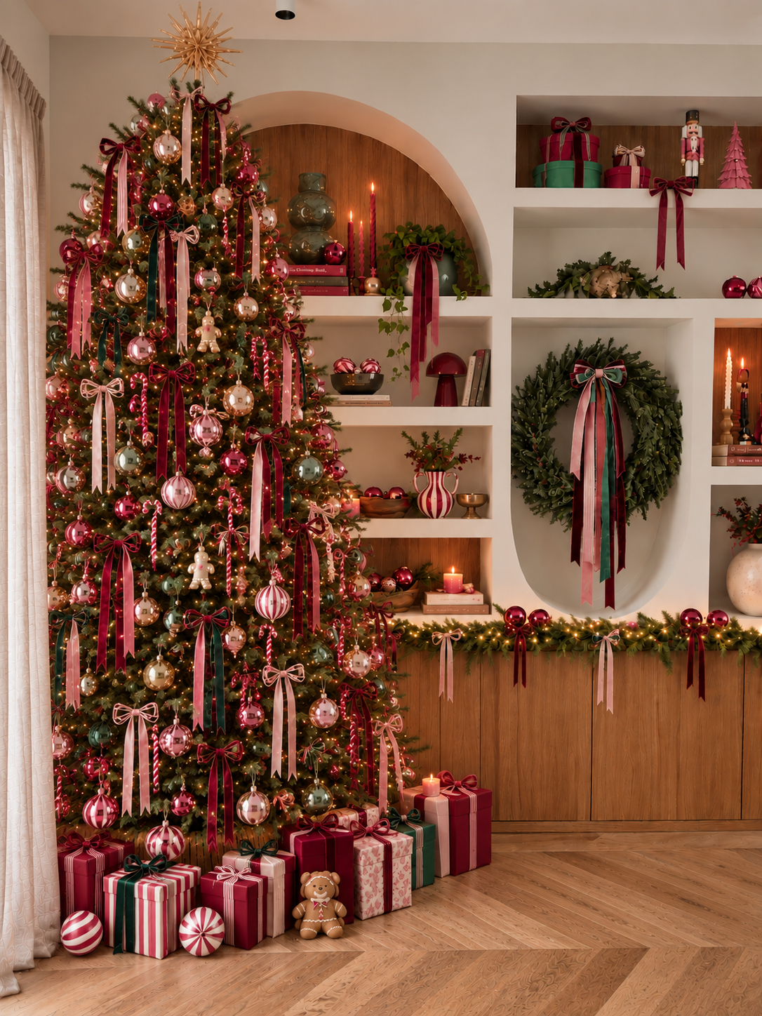 Festive living room with decorated Christmas tree, red and pink ribbons, ornaments, wrapped gifts, and built-in shelves with holiday decor.