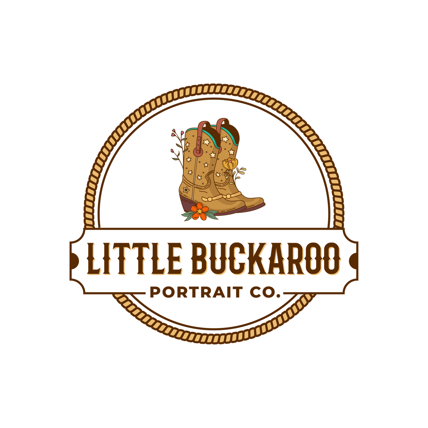 Little Buckaroo Portait Co.'s logo, with a pair of cowboy boots and flowers, based in East Texas