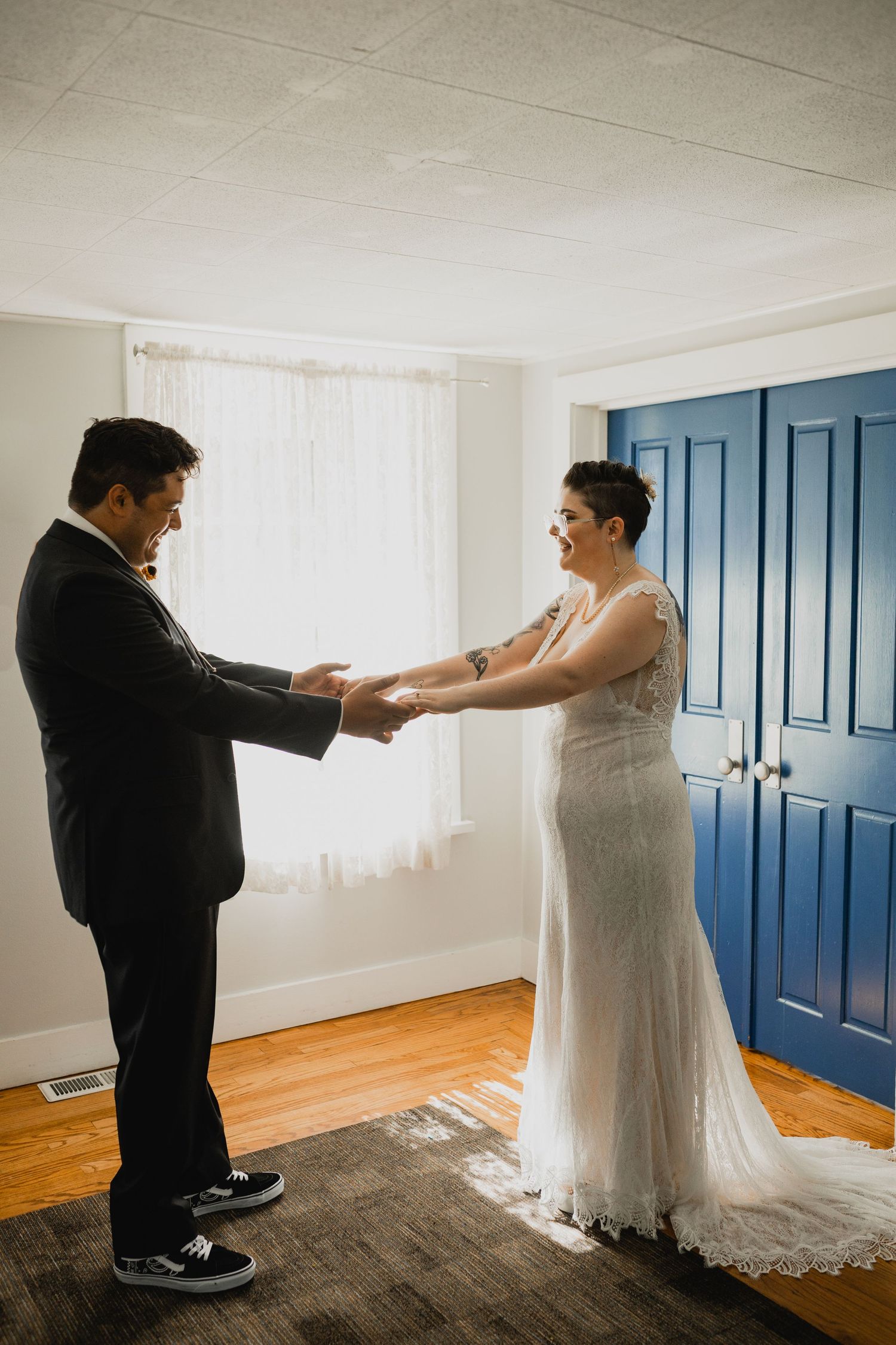 bride and groom's emotion filled first look